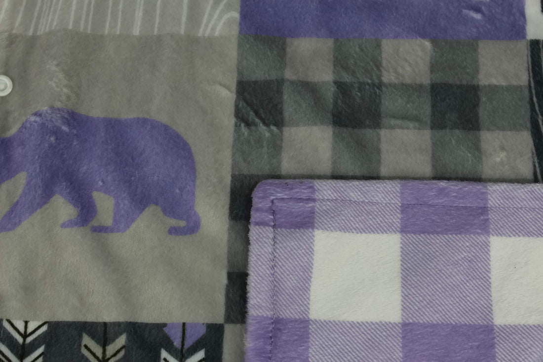 Dear Baby Gear Deluxe Reversible Car Seat Canopy, Custom Minky Print, Adventure Little Lady Faux Quilt Lavender and Lavender Lumberjack Plaid