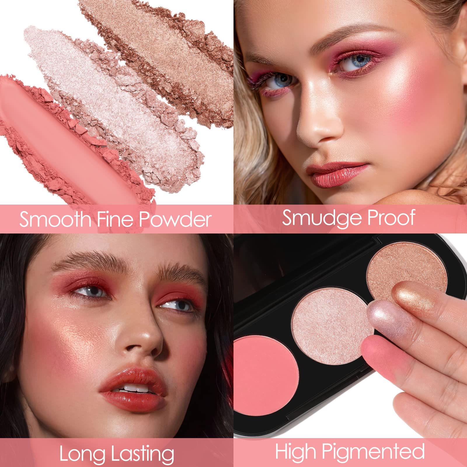 FOCALLURE Blush and Highlighter Palette,3 in 1 Makeup Powder, Cruelty-Free Matte, Shimmer Illuminator for a Glowing Look,#03
