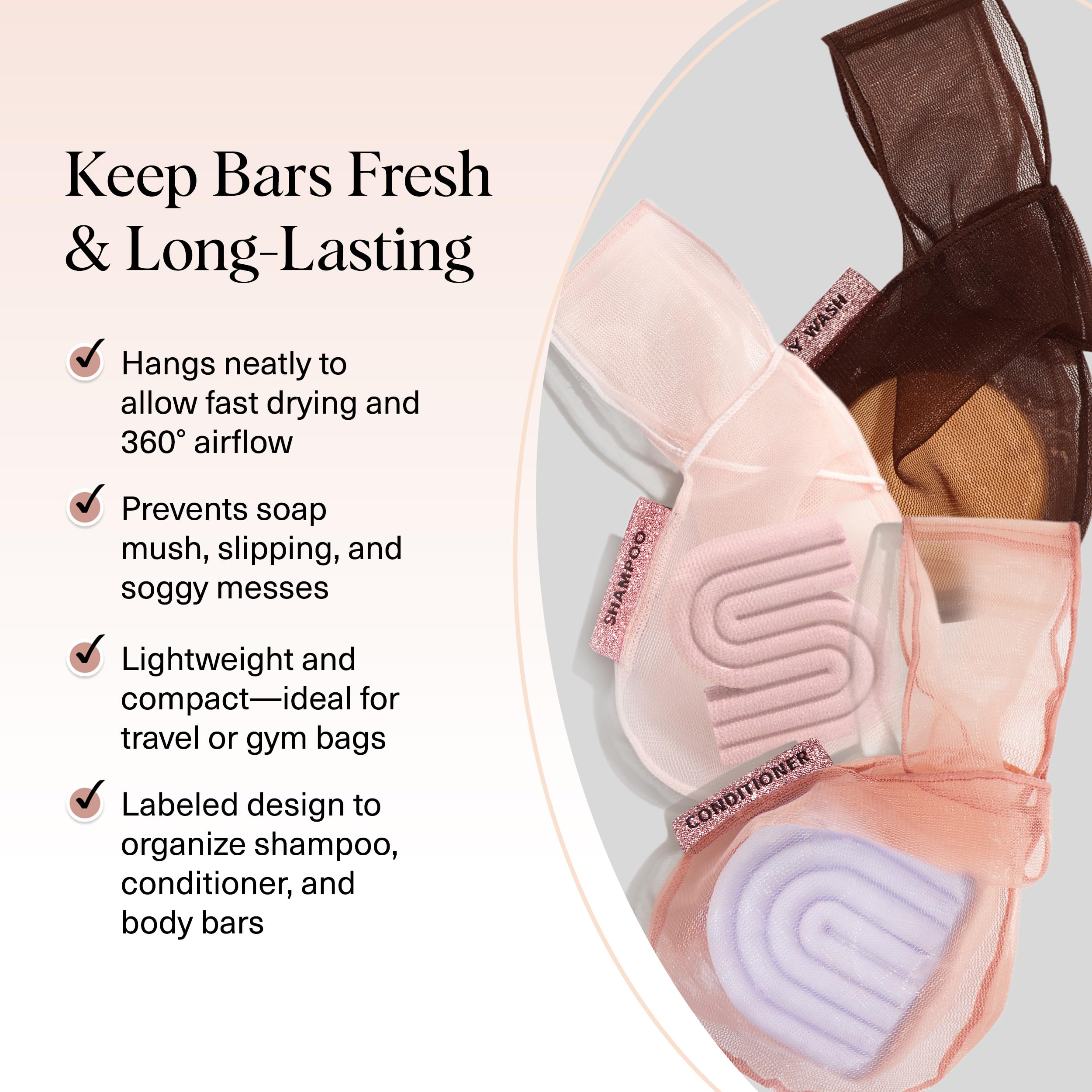 Kitsch Bar Soap Saver Bag – Recycled Mesh Beauty Bar Pouch for Body Wash, Conditioner & Shampoo Bars, Holder to Preserve Soap, Eco-Friendly, Patented Bag, 3pc Set - Blush, Terracotta & Chocolate