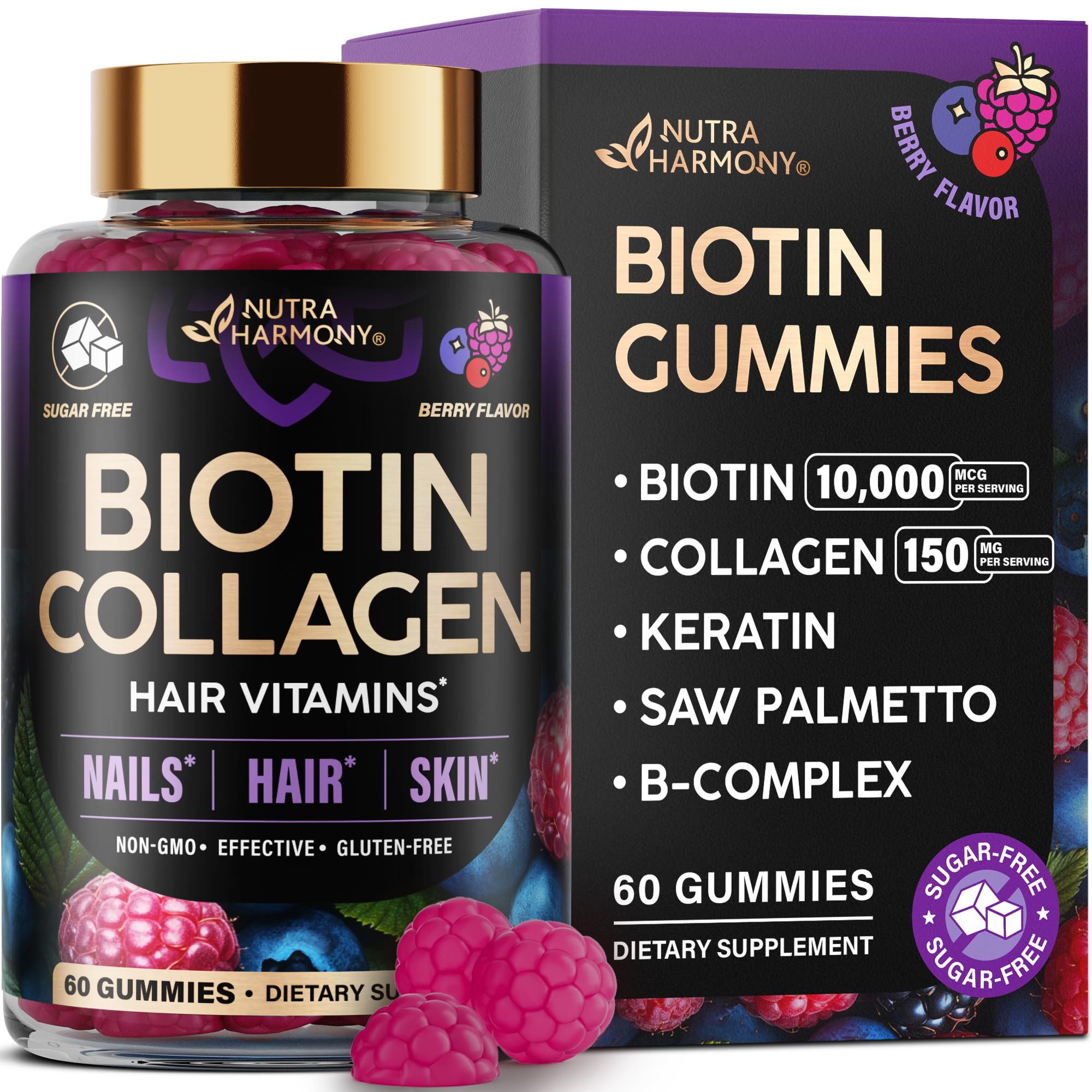 Biotin 10,000mcg & Collagen 150 mg Gummies - Hair Growth Support, Skin & Nail Strength - for Women & Men - Keratin | Hyaluronic Acid | B-Complex | Saw Palmetto - Sugar-Free, Berry Flavor - 60 Gummies