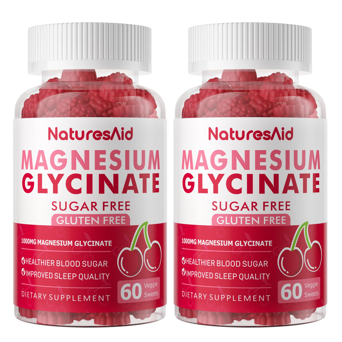 Magnesium Glycinate Gummies 1000mg - Sugar Free Magnesium Potassium Supplement with Vitamin D, B6, CoQ10 for Calm Mood & Sleep Support - 120 Cherry Gummies -2 Pack