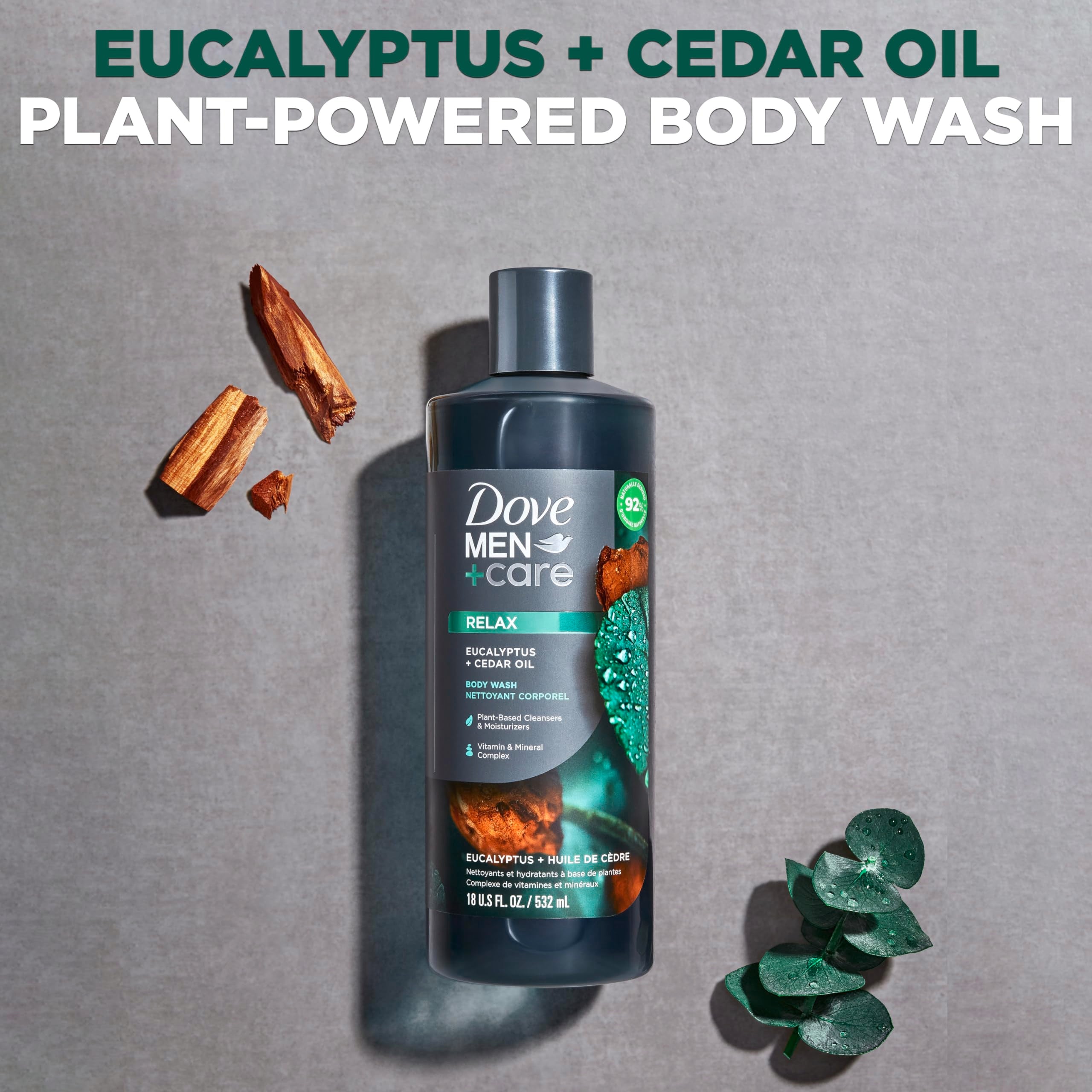 Dove Men+Care Body Wash Eucalyptus + Cedar Oil 4 Count to Rebuild Skin in the Shower with Plant-Based Cleansers and Moisturizers 18 oz