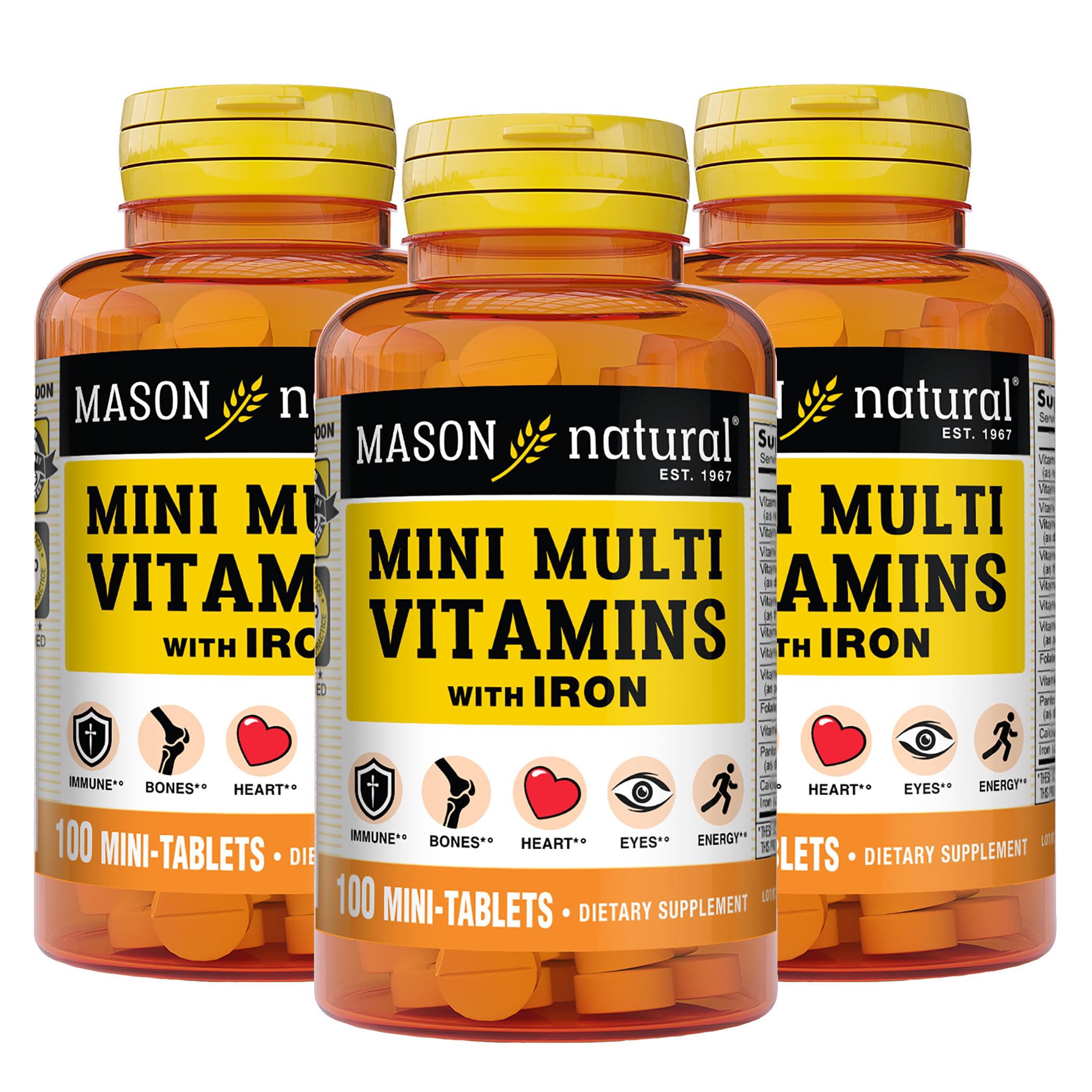 MASON NATURAL Daily Mini Multi Vitamins with Iron, Vitamins A, C, D, E, B1, B2, B3, B6, B12, Folate & Calcium, 100 Day Supply per Bottle (3-Pack)