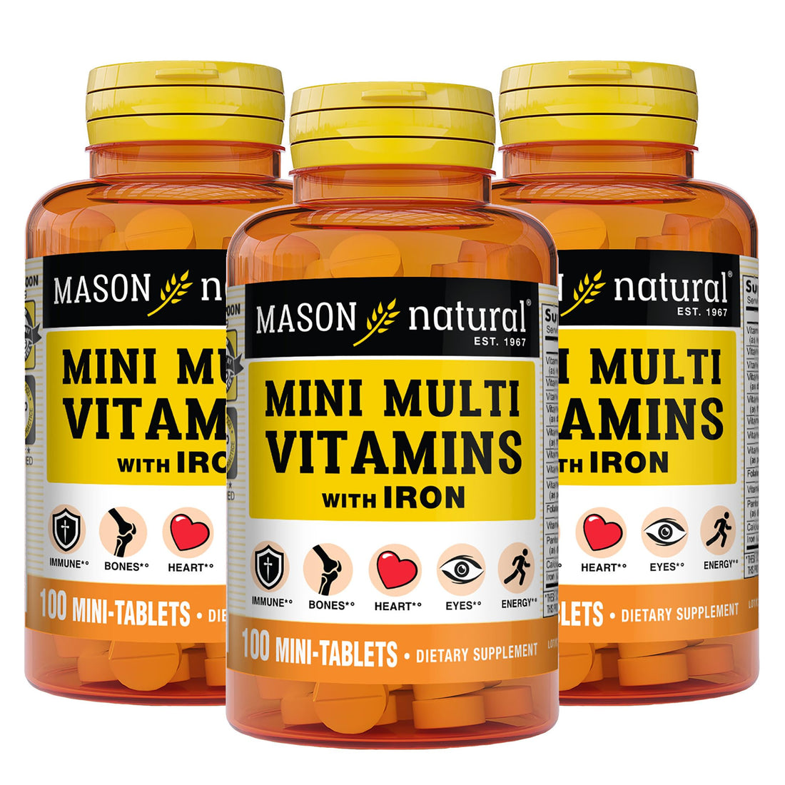 MASON NATURAL Daily Mini Multi Vitamins with Iron, Vitamins A, C, D, E, B1, B2, B3, B6, B12, Folate & Calcium, 100 Day Supply per Bottle (3-Pack)