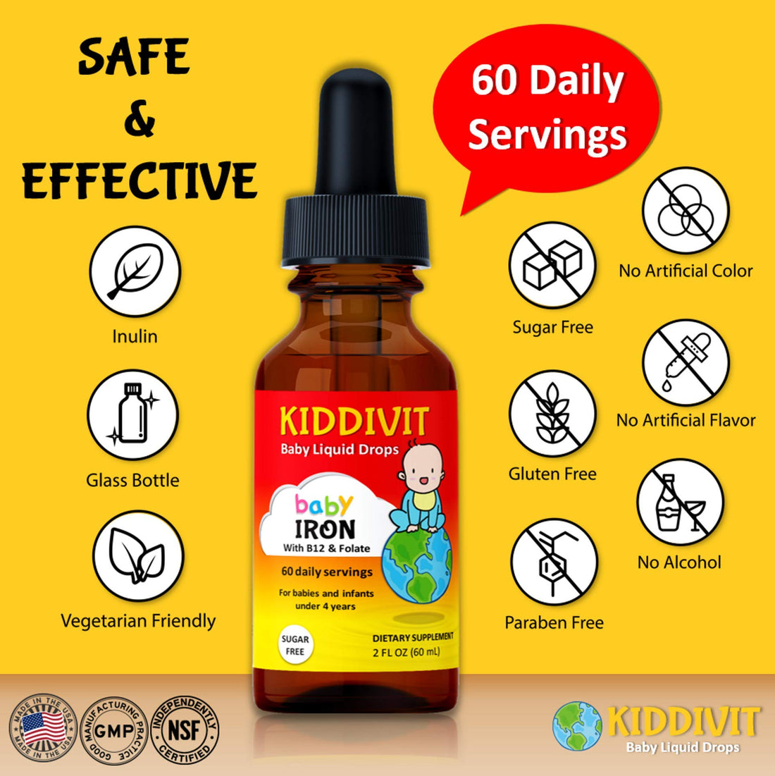 Kiddivit Baby Iron Liquid Drops with Vitamin B12 & Folate - 60 Daily Servings, 2 Fl Oz (60 mL) - Inulin Fortified (Prebiotic, Dietary Fiber) - Sugar Free, Gluten Free, Vegetarian Friendly