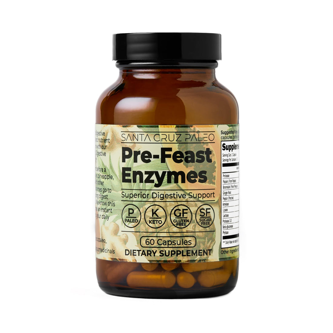 Santa Cruz Paleo Pre-Feast Digestive Enzymes for Women and Men, Fiber Supplement for Gut Health & Digestive Health, Gluten Free, Keto, Sugar Free, Paleo, with Bromelain, Ginger Root, 60 Capsules