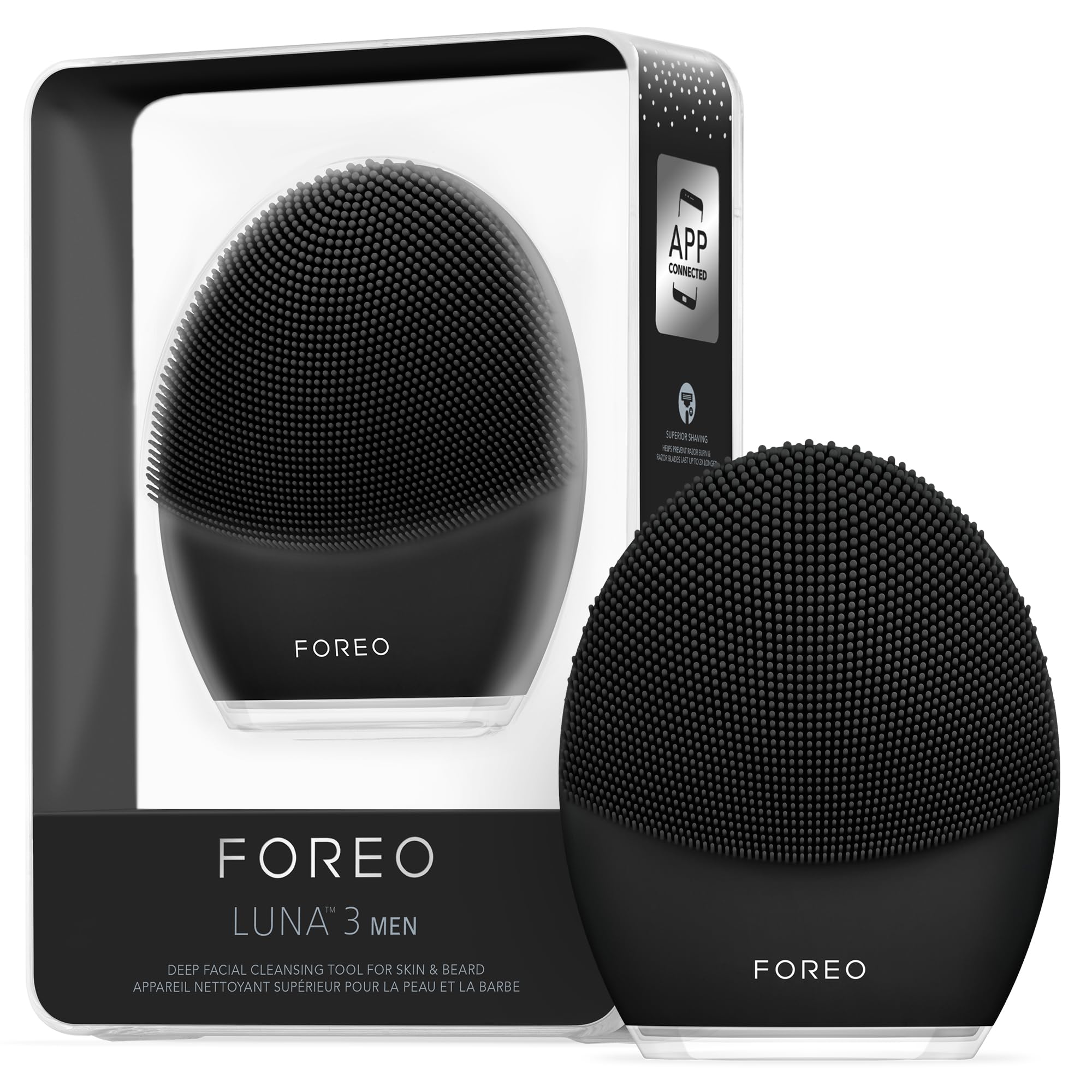 FOREO LUNA 3 MEN Silicone Facial Cleansing & Firming Massage Brush for Skin and Beard, Shave Prep, Ultra-Hygienic,16 Intensities, 650 uses/USB Charge, App-connected, Waterproof, 2-year Warranty