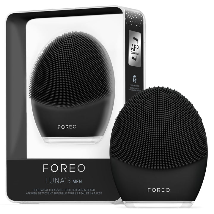 FOREO LUNA 3 MEN Silicone Facial Cleansing & Firming Massage Brush for Skin and Beard, Shave Prep, Ultra-Hygienic,16 Intensities, 650 uses/USB Charge, App-connected, Waterproof, 2-year Warranty