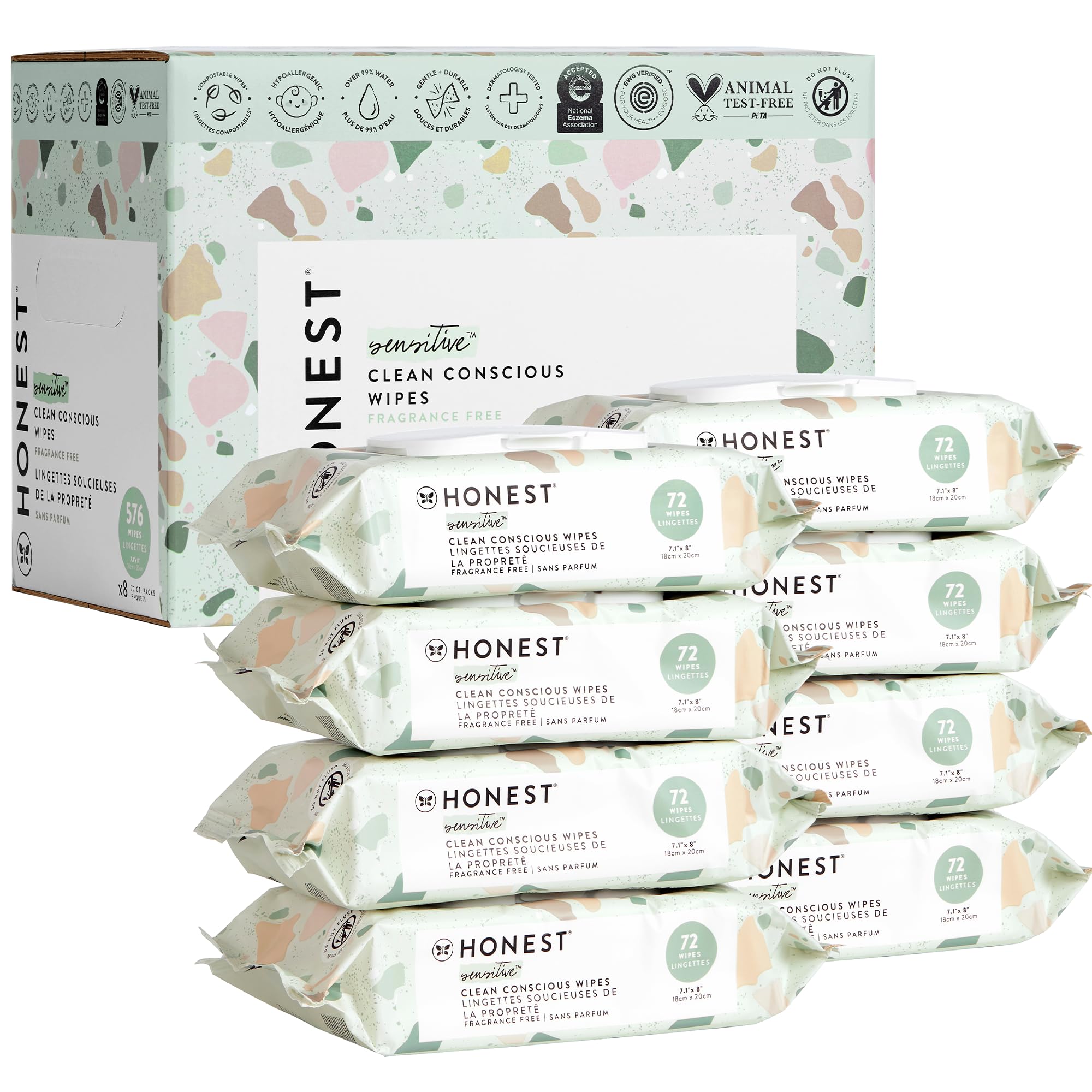 The Honest Company Clean Conscious Multi-Use Wipes | Hypoallergenic + Unscented for Sensitive Skin | Over 99% Water, Compostable, Plant Based, Baby Wipes | Geo Mood, 576 Count