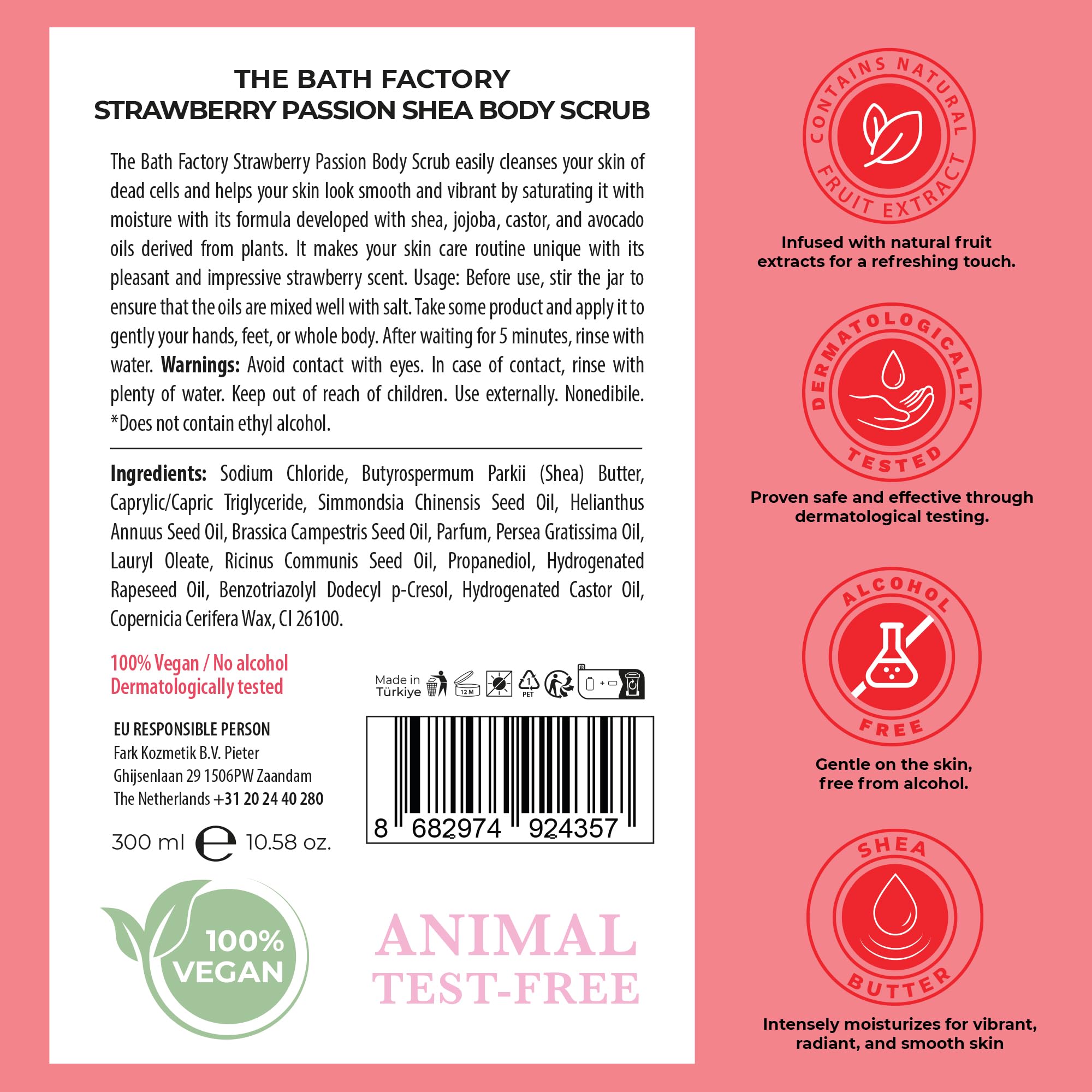 THE BATH FACTORY Body Scrub for Exfoliating with Moisturizing Shea Butter | 100% Vegan | Natural Strawberry Extract | Perfect Exfoliator for All Body Parts such as Face, Foot, Hand