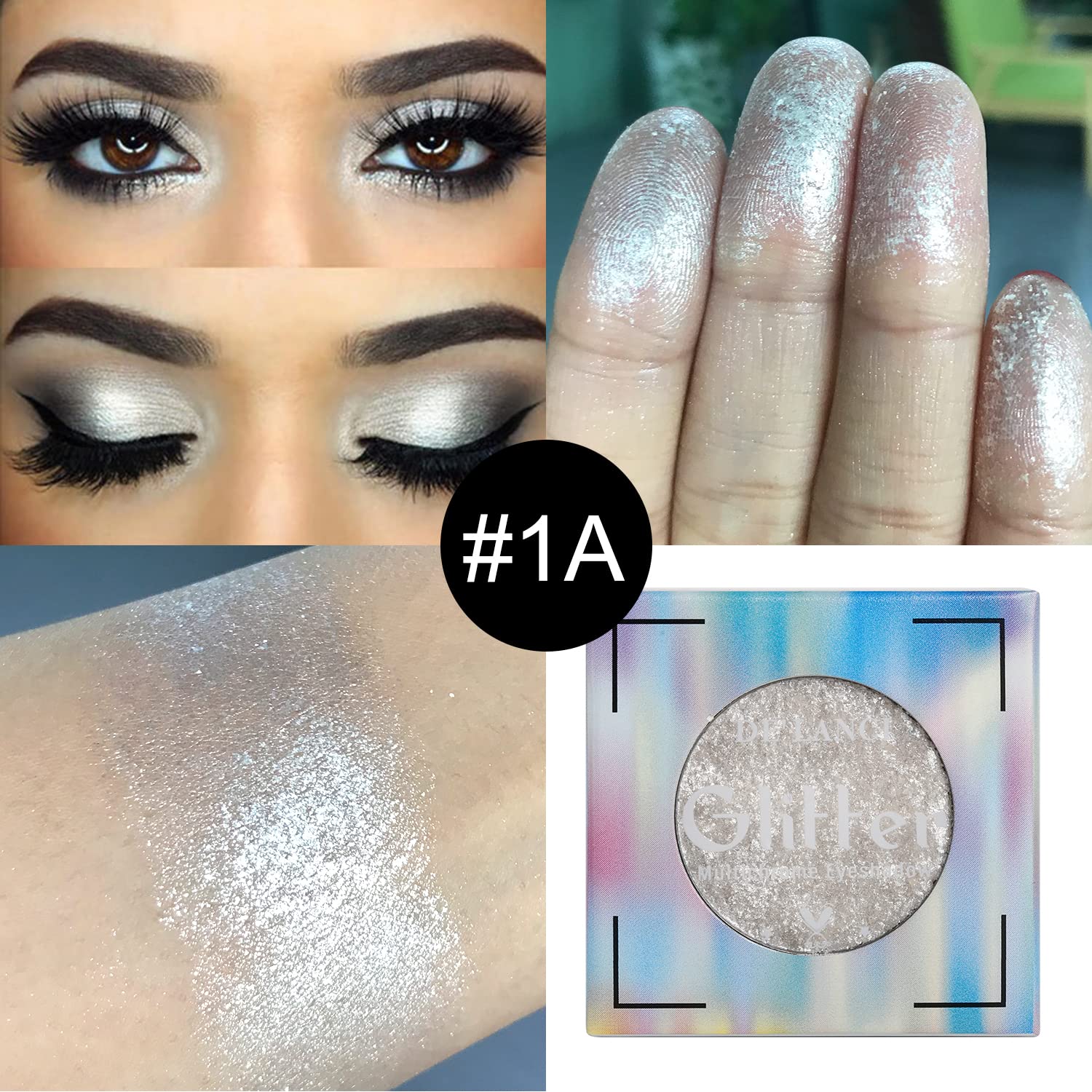 Afflano Shimmery White Glitter Eyeshadow, Highly Pigmented Single White Eyeshadow Sparkly Eye Makeup, Long Lasting Holographic White Eyes Highlighter Makeup, Cruelty Free,Talc Free, 1A