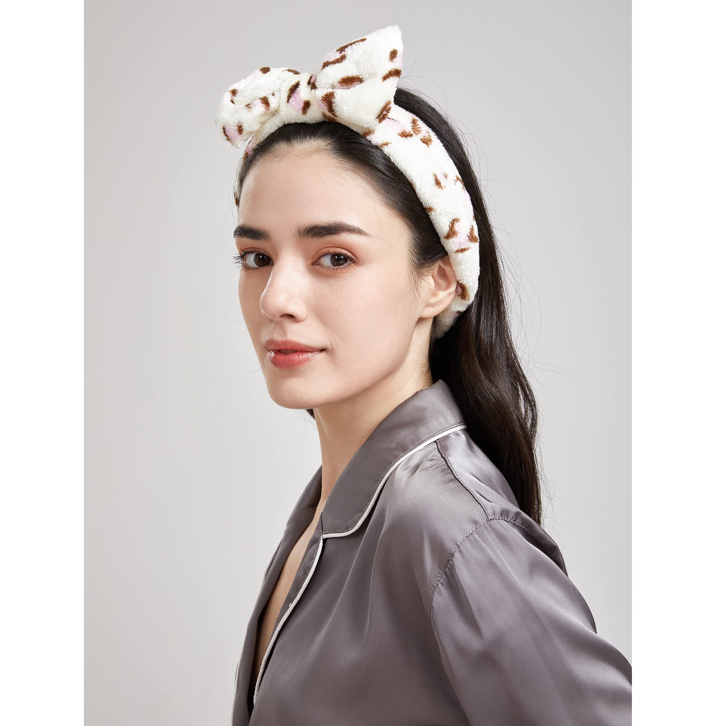 Leopard Grain Black And Pink: Dofash 2Pcs Bowknot Bow Makeup Cosmetic Shower Elastic Hair Band Hairlace Headband Swashing Face Shower Makeup Hairbands Beauty Cute Spa Headbands Fo