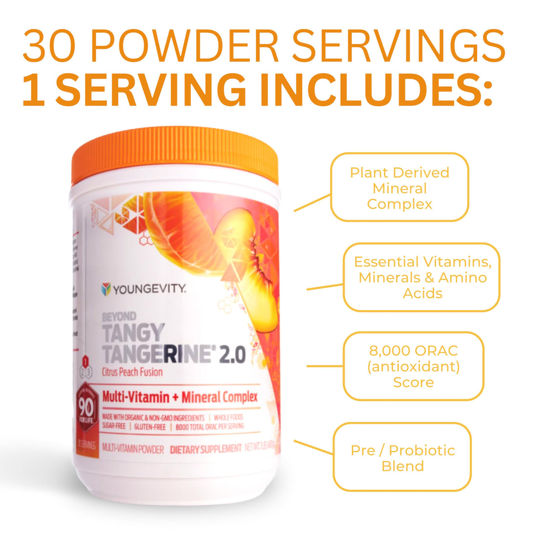Youngevity Beyond Tangy Tangerine 2.0 Citrus Peach Ultimate Multi-Vitamin & Mineral Complex - Made with Natural & Whole Foods | 8,000 ORAC | 2 Canisters