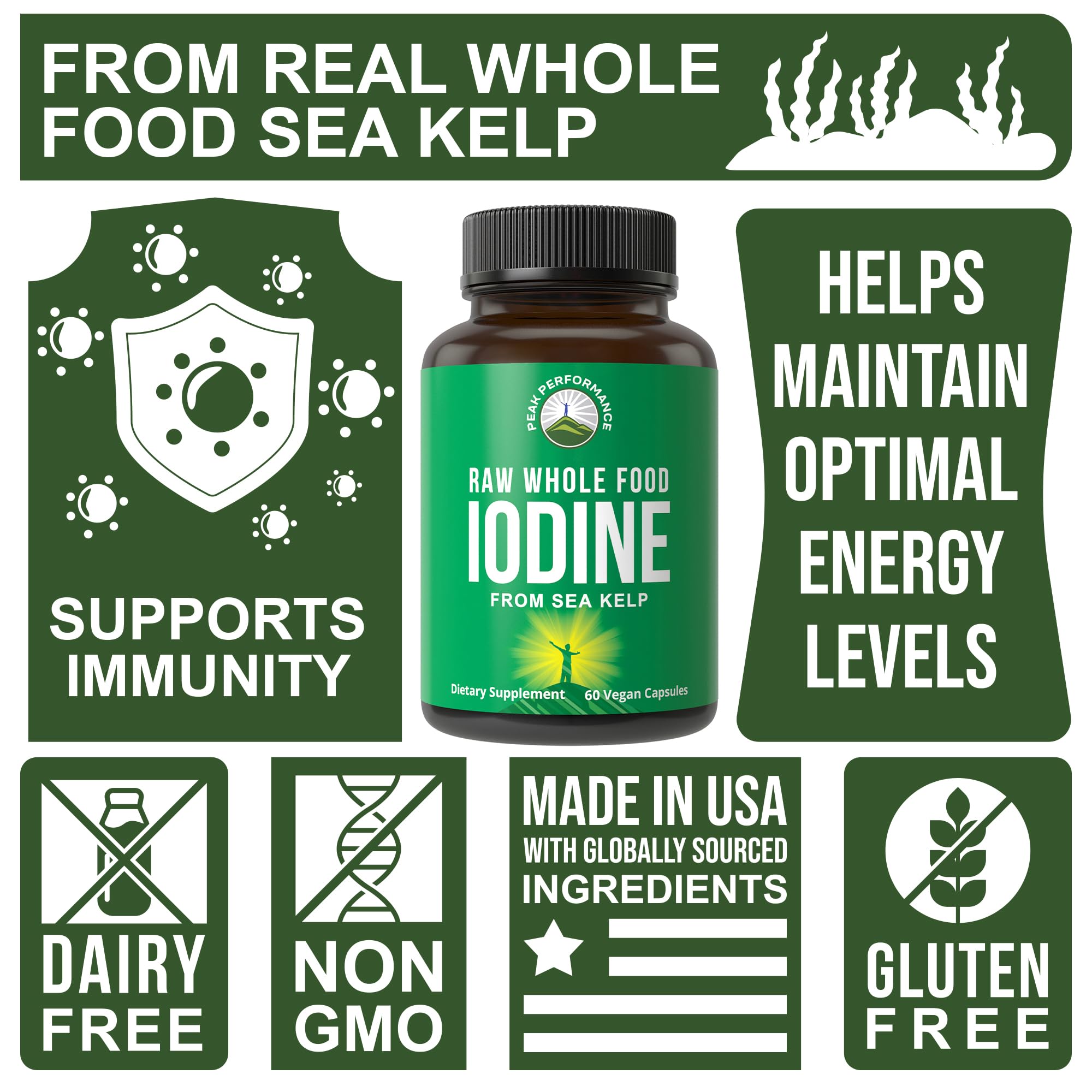Raw Whole Food Iodine Supplement from Organic Kelp (Ascophyllum Nodosum) by Peak Performance. Potassium Iodide Support Tablets. for Metabolism, Energy, and Immune. 60 Vegan Capsules, Pills.