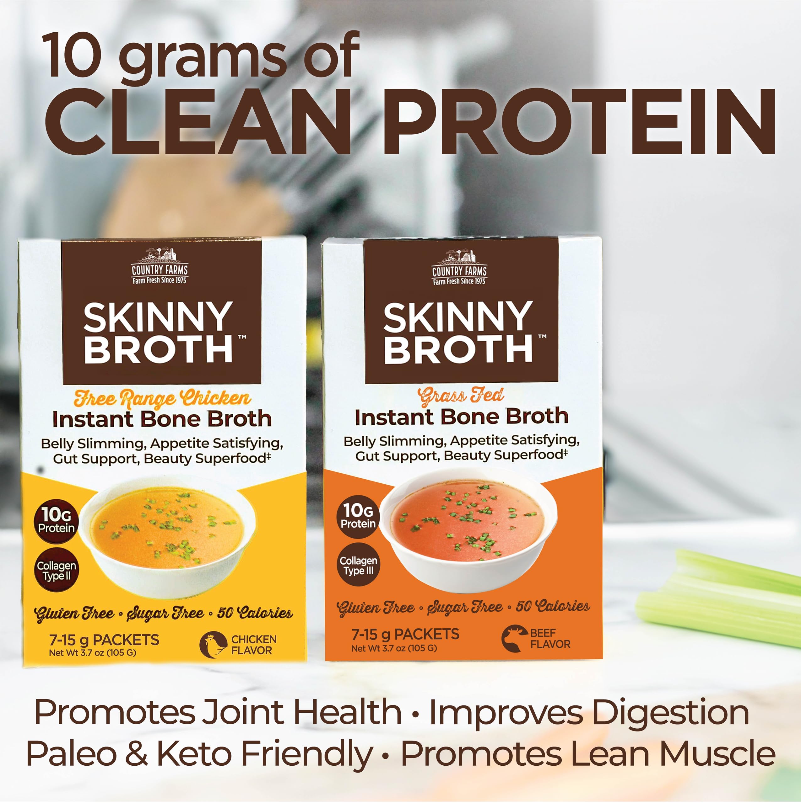 COUNTRY FARMS Skinny Broth 7-Day Plan, Instant Chicken and Beef Bone Broth, 10G Protein, Collagen Type II, Promotes Better Digestion, Bone and Joint Health, 7 Day Plan, 14-15g Packets