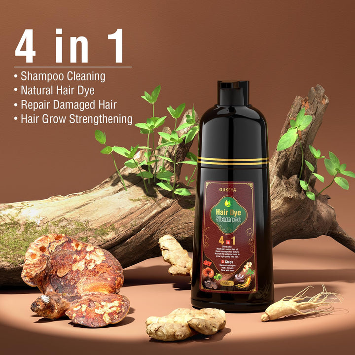 OUKEYA Dark Brown Hair Dye Shampoo 4 In 1, Hair Color Shampoo for Gray Hair Coverage for Women & Men, Instant Natural Herbal Ingredients Color Shampoo Hair Dye, Professional Salon-Level Treatments
