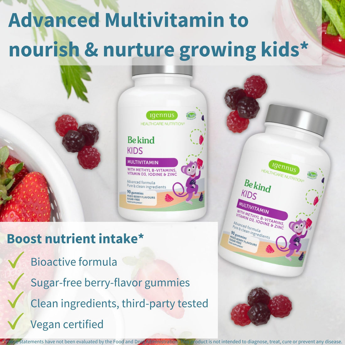 Igennus Methylated Kids Multivitamin Gummy, MTHFR Supplement with B-Vitamins & Vitamin D, No Artificial Sweeteners or Flavors, Sugar Free, Age 4+, 90 Berry Gummies, Non-GMO, Halal, Clean Label