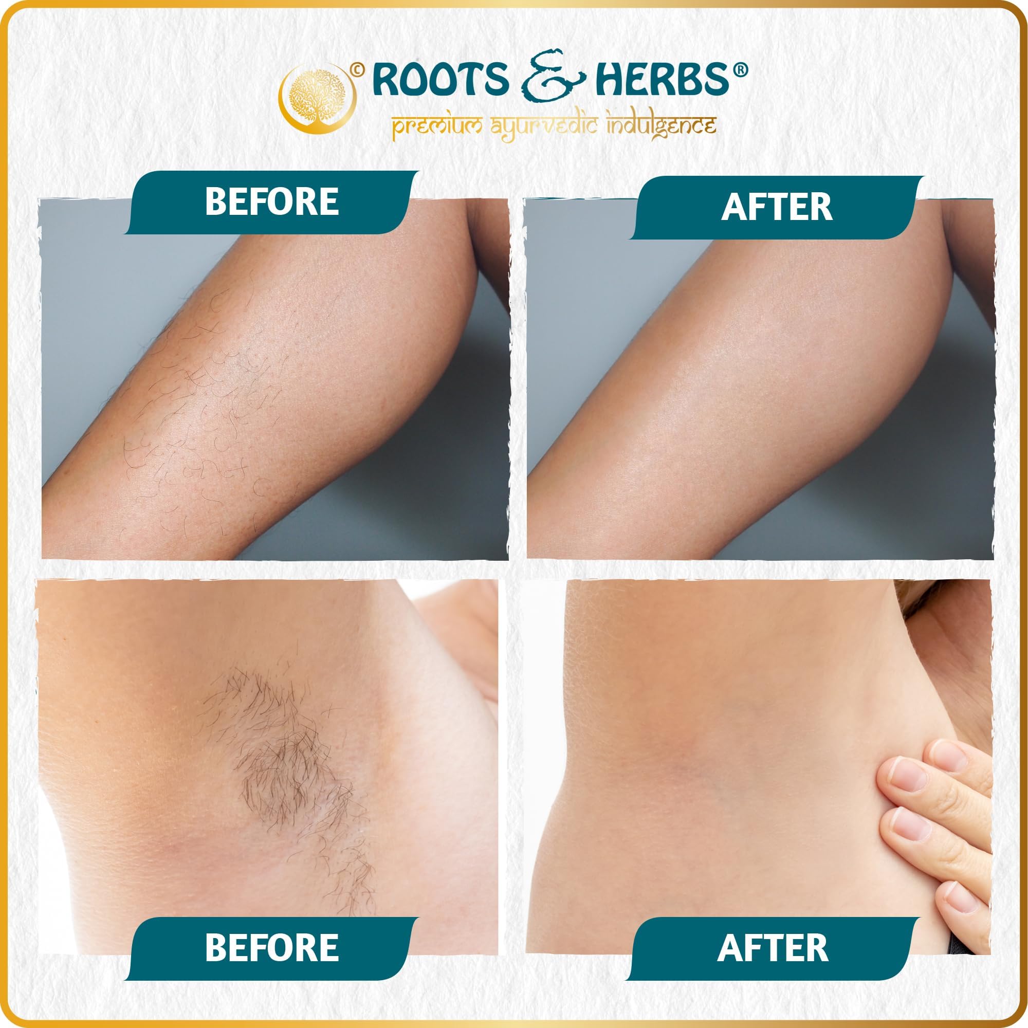 ROOTS AND HERBS Vegan Hair Removal - Neem and Fennel Depilatory Mask - Men and Women's Facial Hair Removal for sensitive skin, Organic Hair remover, Pubic, Bikini, Leg Mask, Powder Waxing (2.47 Ounce)