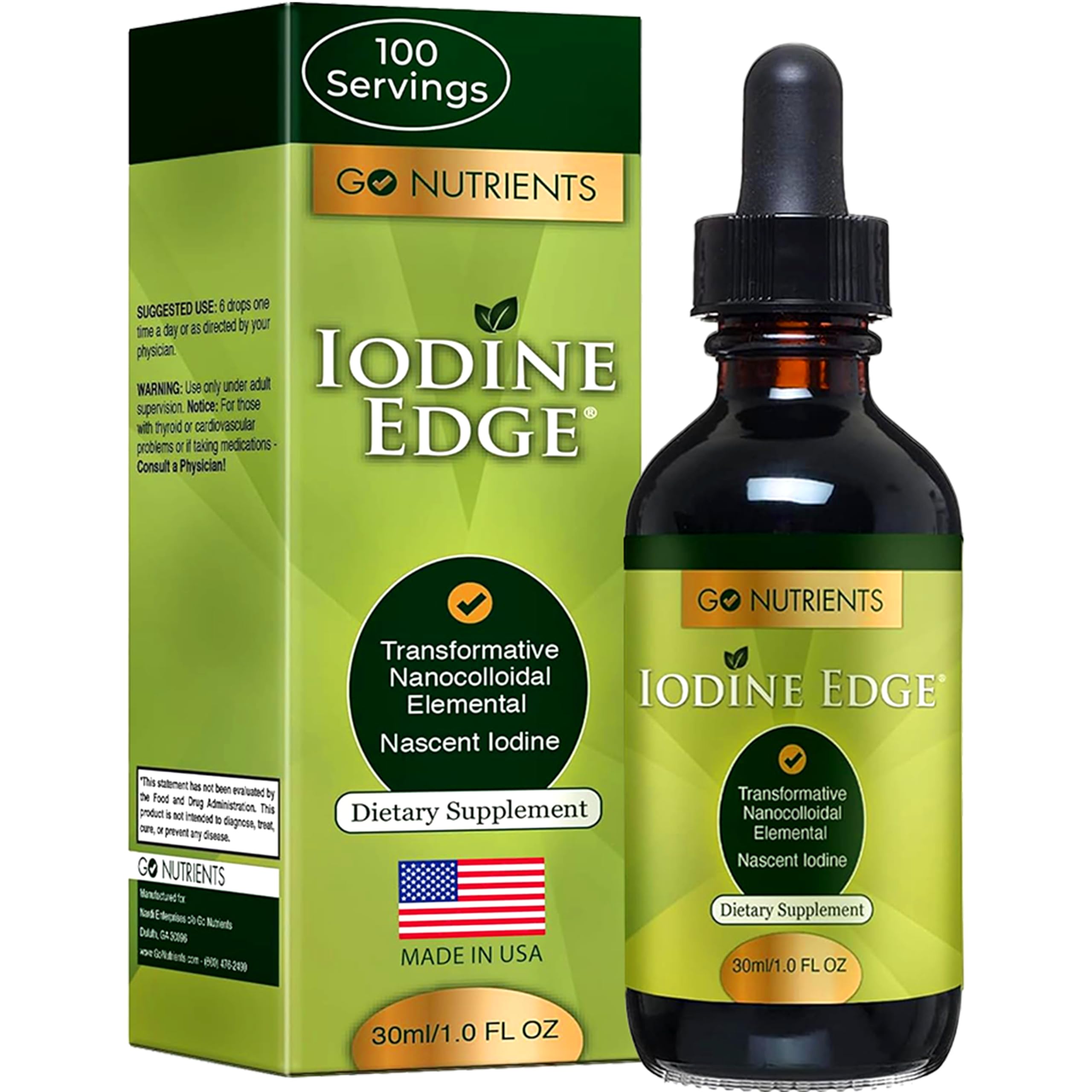 Go Nutrients Iodine Edge - Organic Nascent Iodine Supplement - Advanced Iodine Drops for Thyroid Support, Boosted Energy, Cognitive Function & Immunity - 1oz Fast Absorbing Liquid Formula, GMO-Free