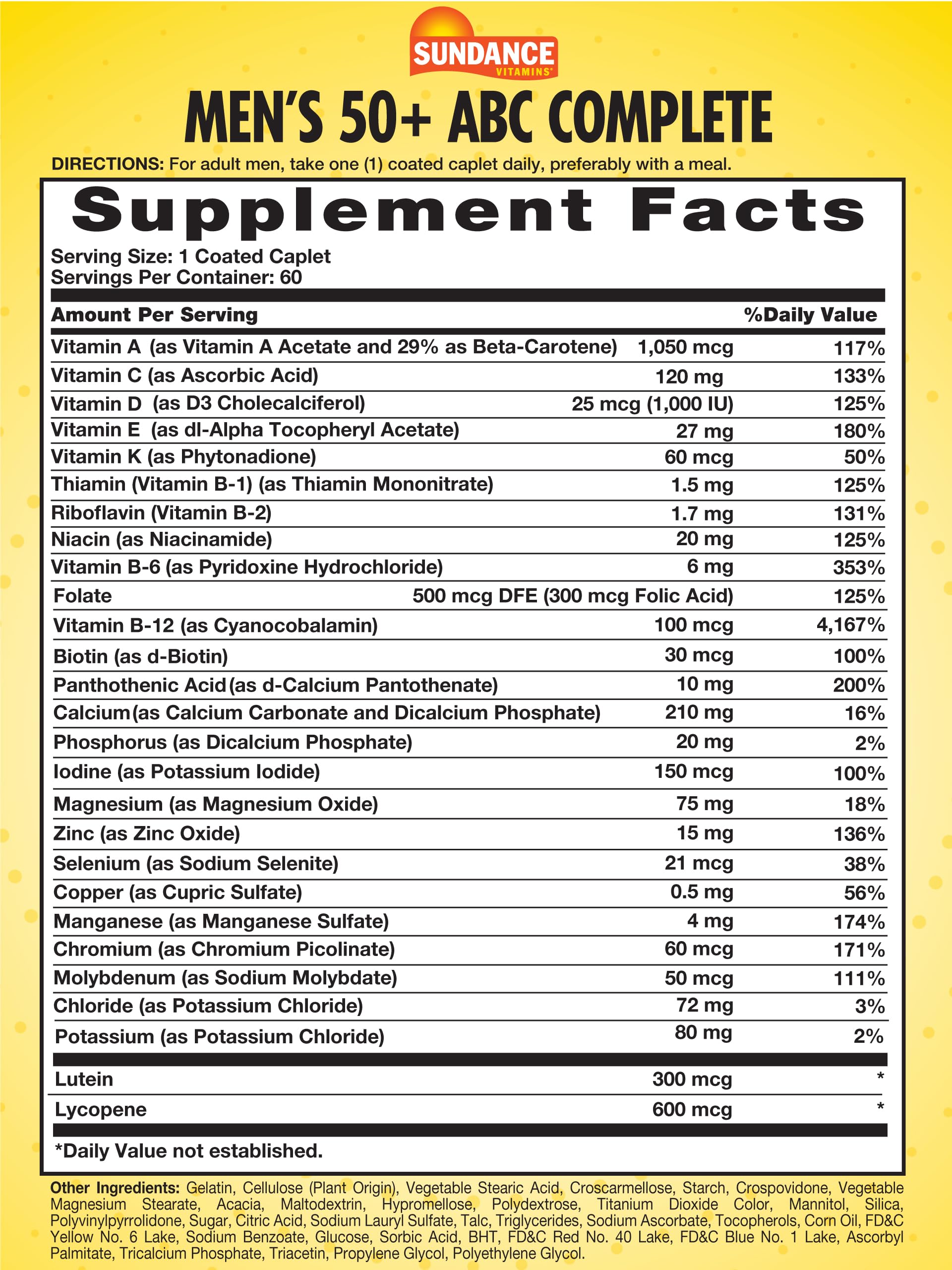 Sundance Men's 50+ ABC Complete Multivitamin | 60 Caplets | with Multimineral Formula | Non-GMO and Gluten Free Supplement