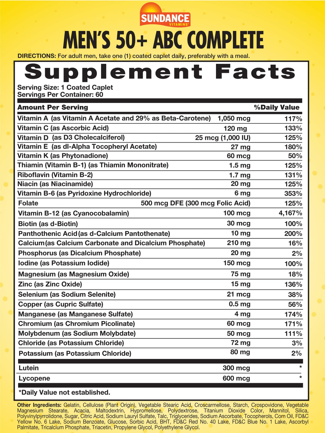 Sundance Men's 50+ ABC Complete Multivitamin | 60 Caplets | with Multimineral Formula | Non-GMO and Gluten Free Supplement