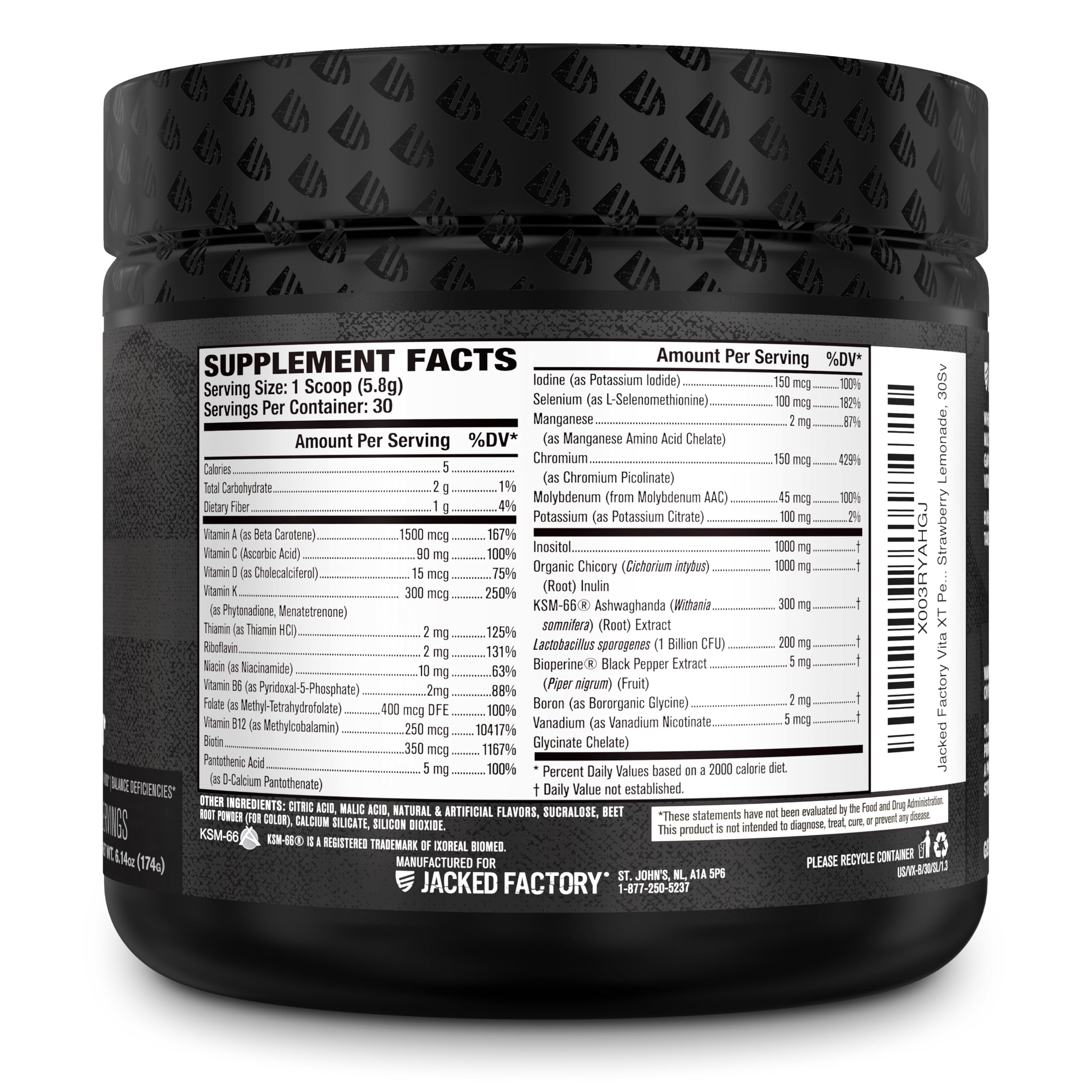 Jacked Factory Vita XT Performance Vitamin Powder - Daily Multivitamin Powder for Men with KSM-66 Ashwagandha, Prebiotic Fiber, Vitamin A, C, D, K, B6, B12, & More - Strawberry Lemonade, 30Sv