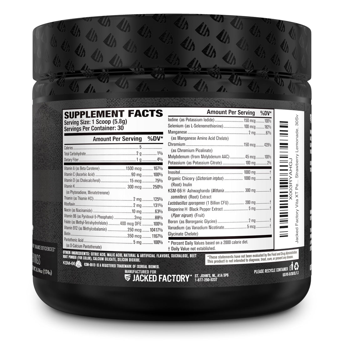 Jacked Factory Vita XT Performance Vitamin Powder - Daily Multivitamin Powder for Men with KSM-66 Ashwagandha, Prebiotic Fiber, Vitamin A, C, D, K, B6, B12, & More - Strawberry Lemonade, 30Sv