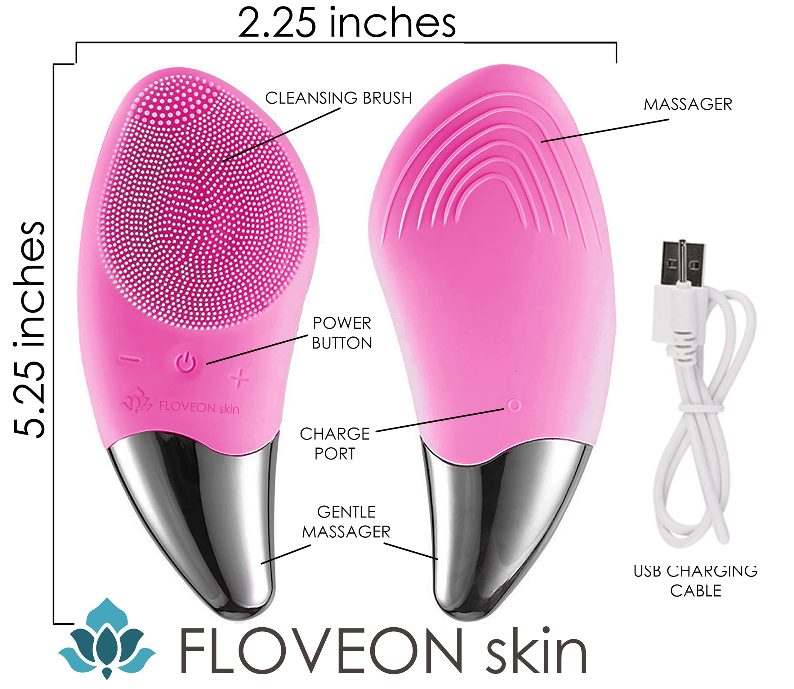 New FLOVEON skin - Sonic Facial Cleansing and Facial Drainage Brush, Cleansing and Massaging, 4 speeds, Rechargeable via USB, Waterproof (Hot Pink)