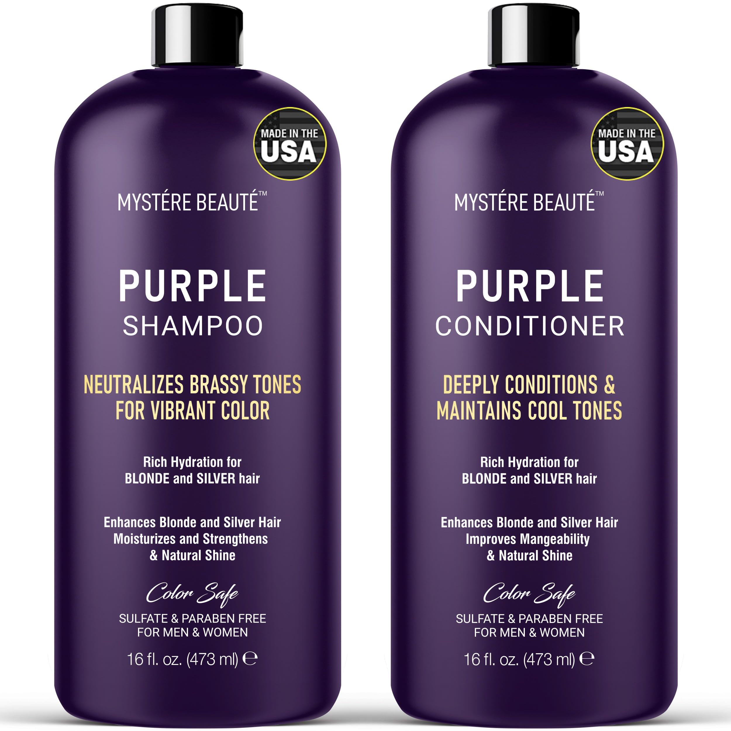 MYSTÉRE BEAUTÉ Purple Shampoo and Conditioner Set, For Blonde, Silver, and Gray Hair - Purple Shampoo Conditioner for Men Women, Sulfate Free Anti Yellowing Vibrant Color Protection - 16 fl oz each