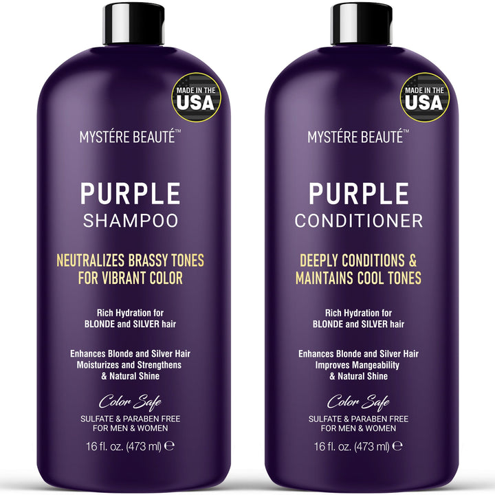 MYSTÉRE BEAUTÉ Purple Shampoo and Conditioner Set, For Blonde, Silver, and Gray Hair - Purple Shampoo Conditioner for Men Women, Sulfate Free Anti Yellowing Vibrant Color Protection - 16 fl oz each