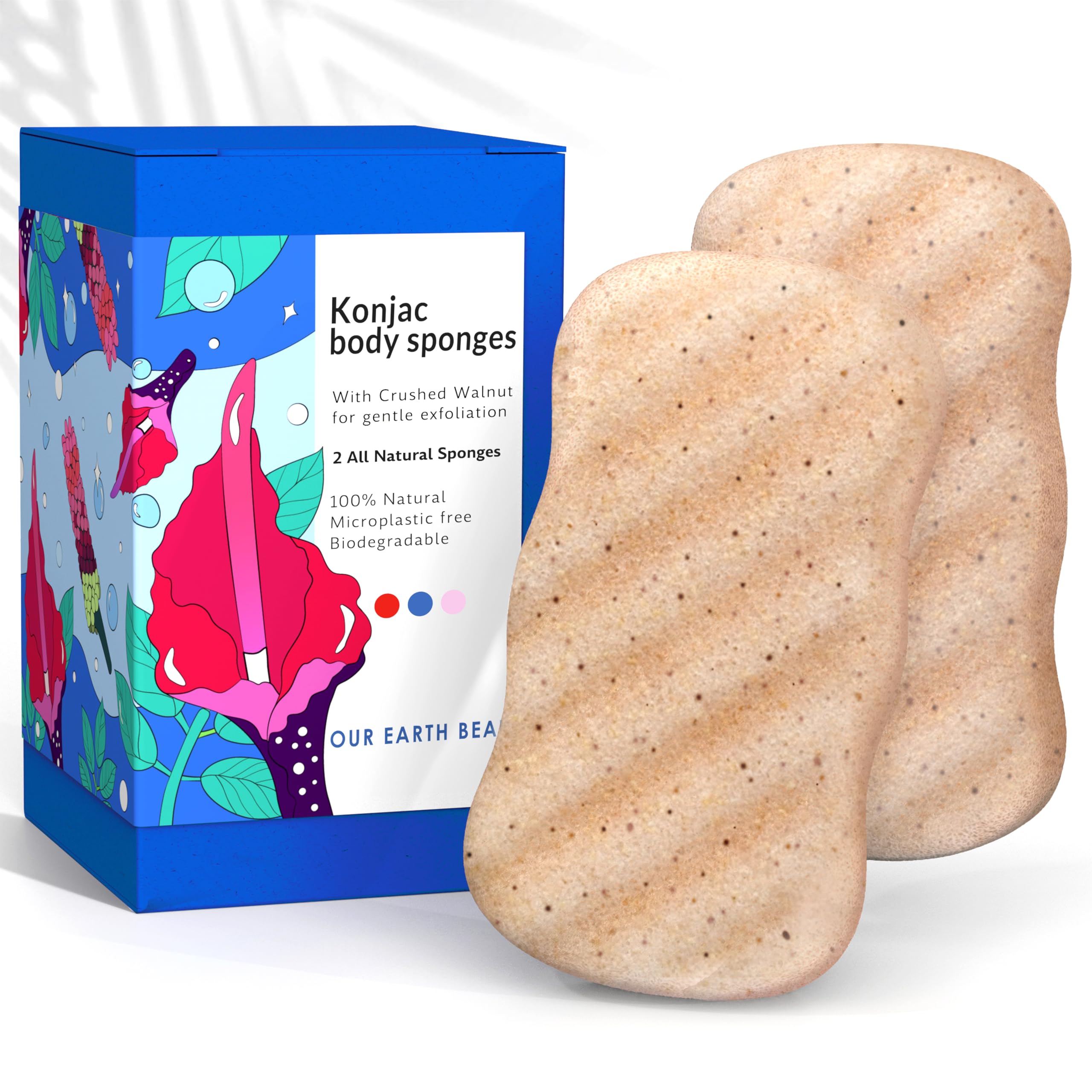 Konjac Body Sponge (2 Pack) Exfoliating Crushed Walnut | 100% Natural & Dye Free | Non-Toxic | Biodegradable | Eco-Friendly | Plastic Free Packaging