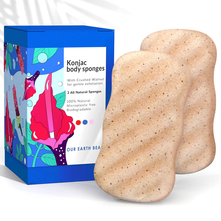 Konjac Body Sponge (2 Pack) Exfoliating Crushed Walnut | 100% Natural & Dye Free | Non-Toxic | Biodegradable | Eco-Friendly | Plastic Free Packaging