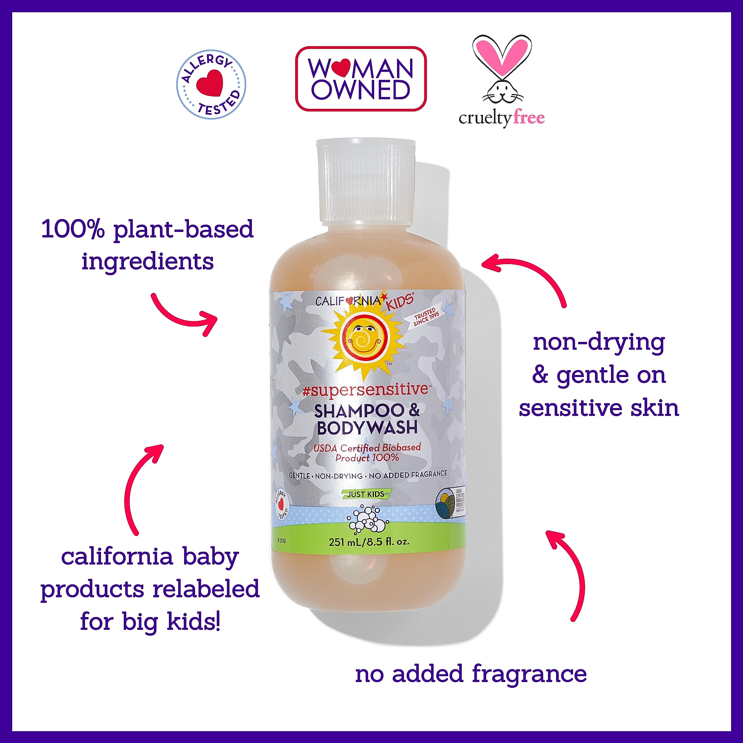 California Kids Super Sensitive Unscented Shampoo and Bodywash | 100% Plant-Based | Gentle Skincare | Fragrance Free | Hypoallergenic | 251 mL / 8.5 fl. oz.