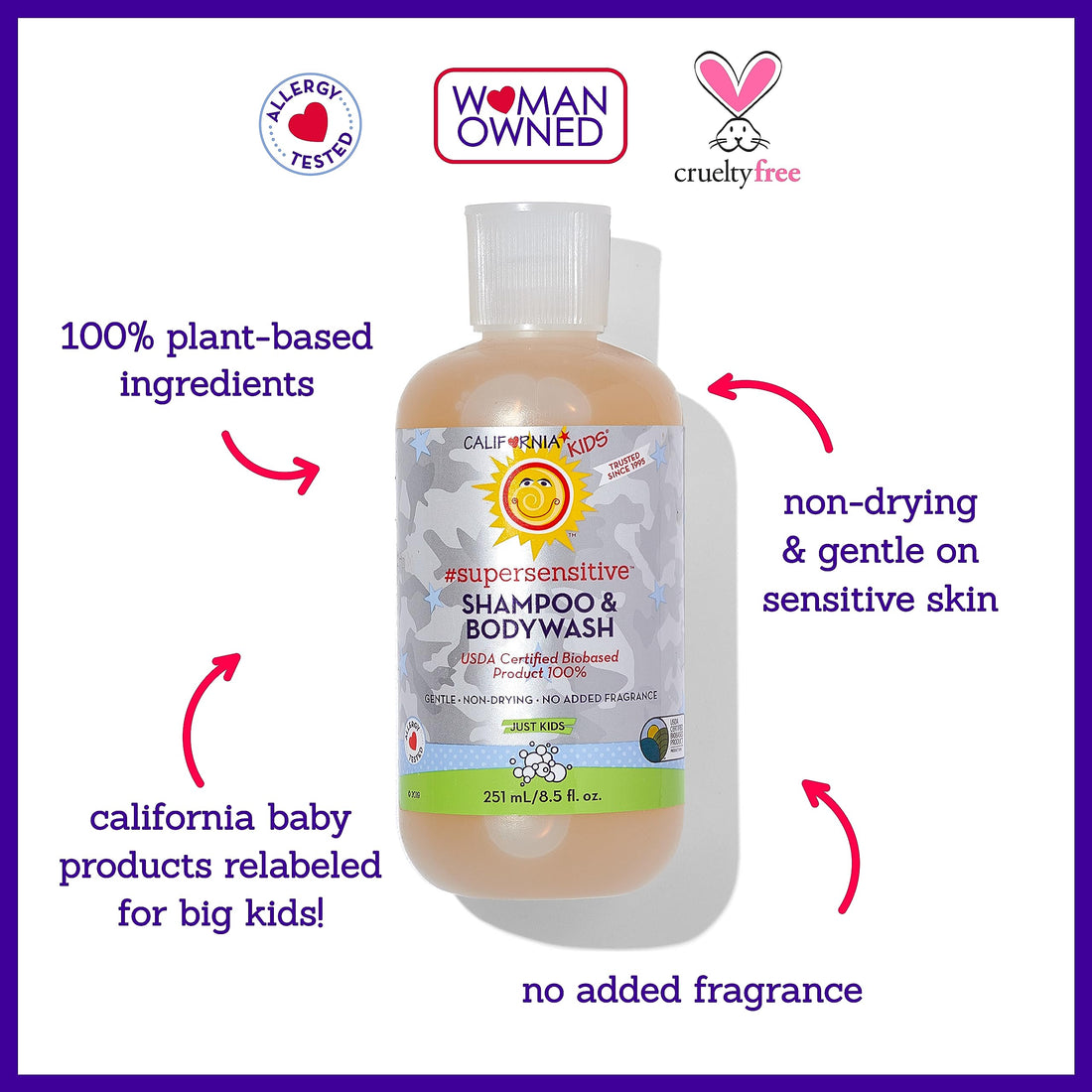 California Kids Super Sensitive Unscented Shampoo and Bodywash | 100% Plant-Based | Gentle Skincare | Fragrance Free | Hypoallergenic | 251 mL / 8.5 fl. oz.