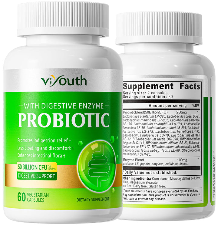 Probiotics for Women & Men - Probiotic 50 Billion CFU 18 Strains & 5 Digestive Enzymes for Gut Health, Immune - Probiotics Capsules Supports Gas & Bloating, Non-GMO, Gluten Free, 60ct(Pack of 2)