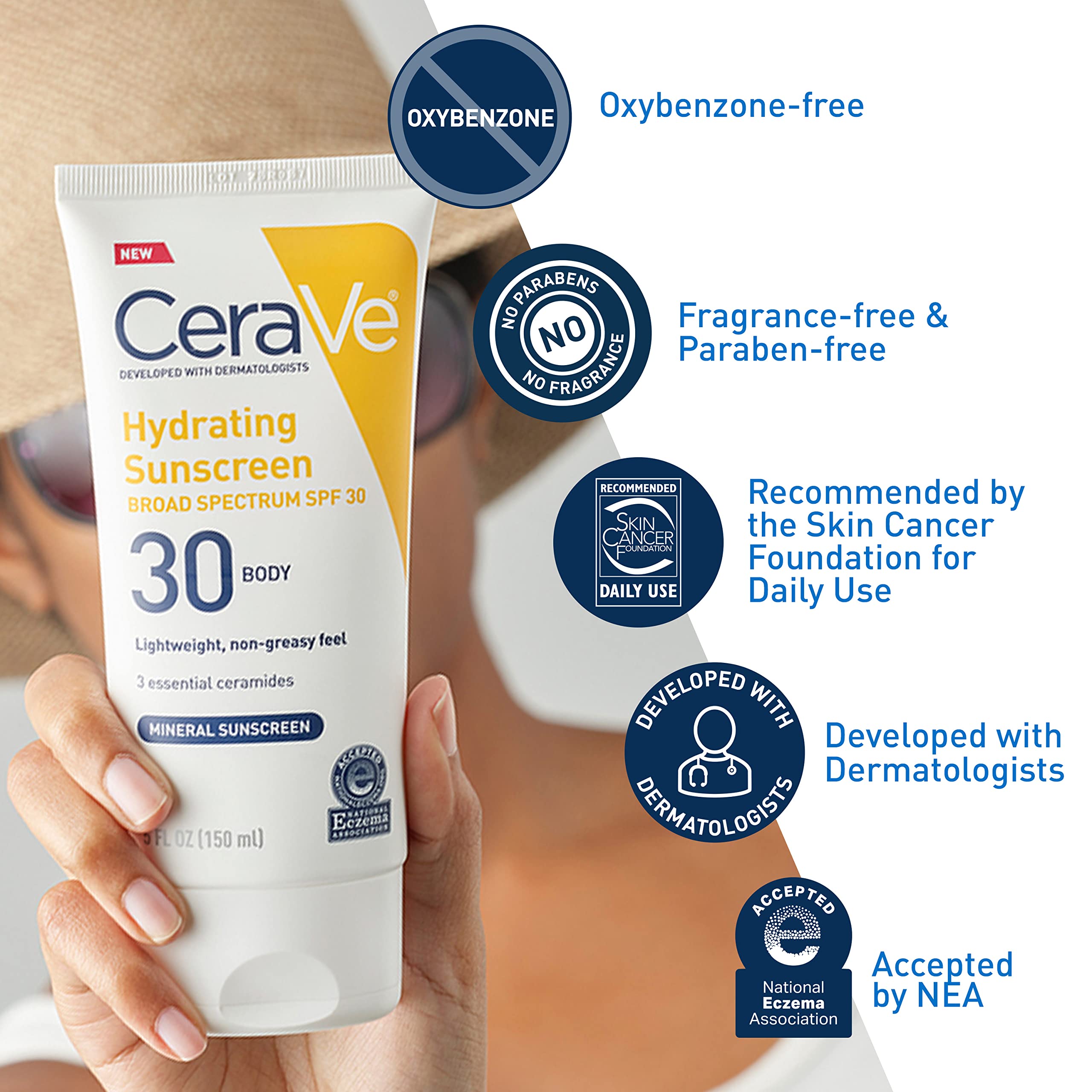 CeraVe 100% Mineral Sunscreen SPF 30 with Zinc Oxide & Titanium Dioxide, Hyaluronic Acid & Ceramides, Oil Free, Non-Greasy, Hydrating Mineral Sunscreen For Body, 5 oz
