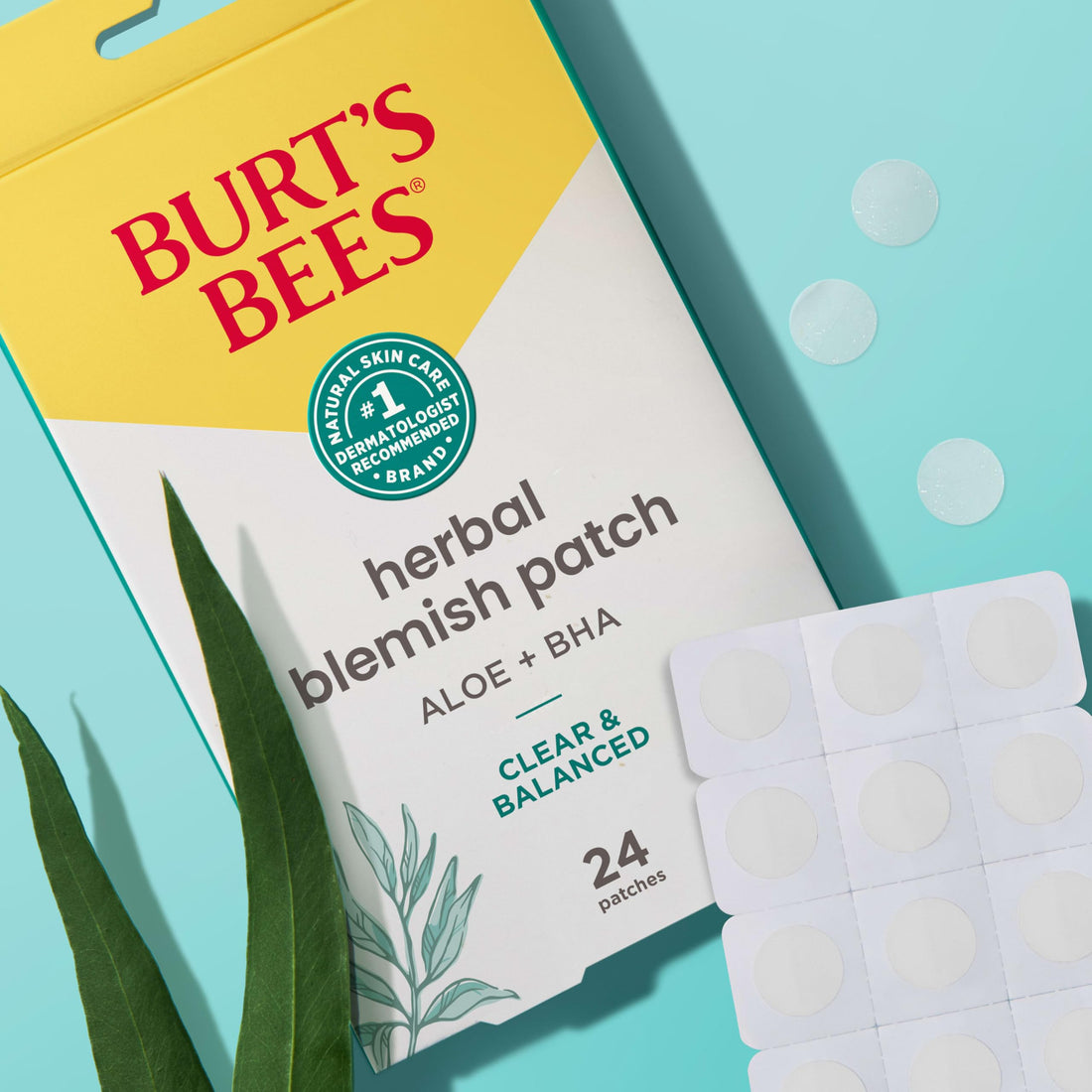 Burt's Bees Herbal Blemish Patch With Fermented Willow Bark Extract and Soothing Aloe, Clear and Balanced Spot Treatment for Pimples, 100 Percent Natural Origin Skin Care, 24 ct. Package