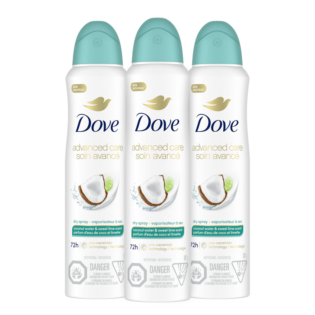 Dove Antiperspirant Deodorant Dry Spray Coconut Water & Lime scent 3ct skin repair after shaving with odor control & sweat protection Pro Ceramide Technology to boost ceramide levels in skin 3.8 oz