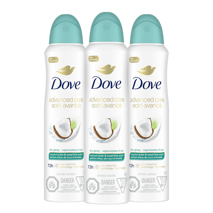 Dove Antiperspirant Deodorant Dry Spray Coconut Water & Lime scent 3ct skin repair after shaving with odor control & sweat protection Pro Ceramide Technology to boost ceramide levels in skin 3.8 oz