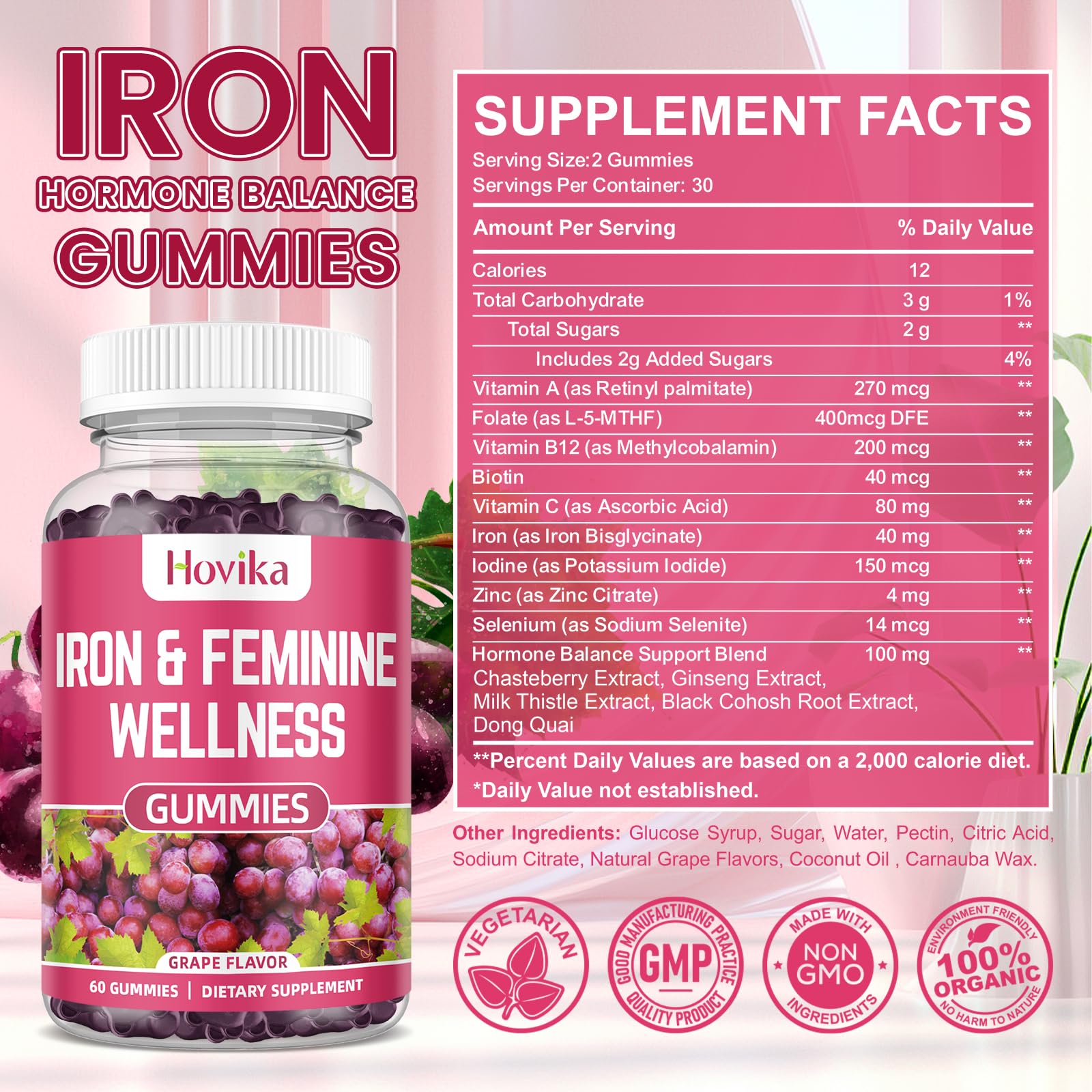 Iron & Hormone Balance for Women Gummies, 40mg Iron Supplement Anemia with multivitamin for Women, Zinc, Selenium, Iodine - for Iron Deficiency - Natural Hormonal Support for PMS, Vegan 60 Count
