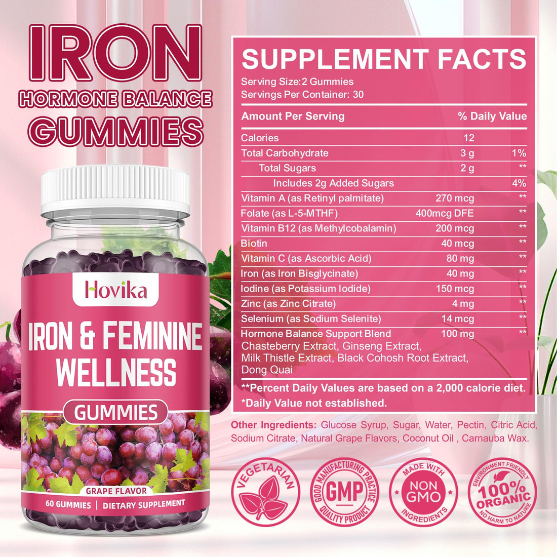 Iron & Hormone Balance for Women Gummies, 40mg Iron Supplement Anemia with multivitamin for Women, Zinc, Selenium, Iodine - for Iron Deficiency - Natural Hormonal Support for PMS, Vegan 60 Count