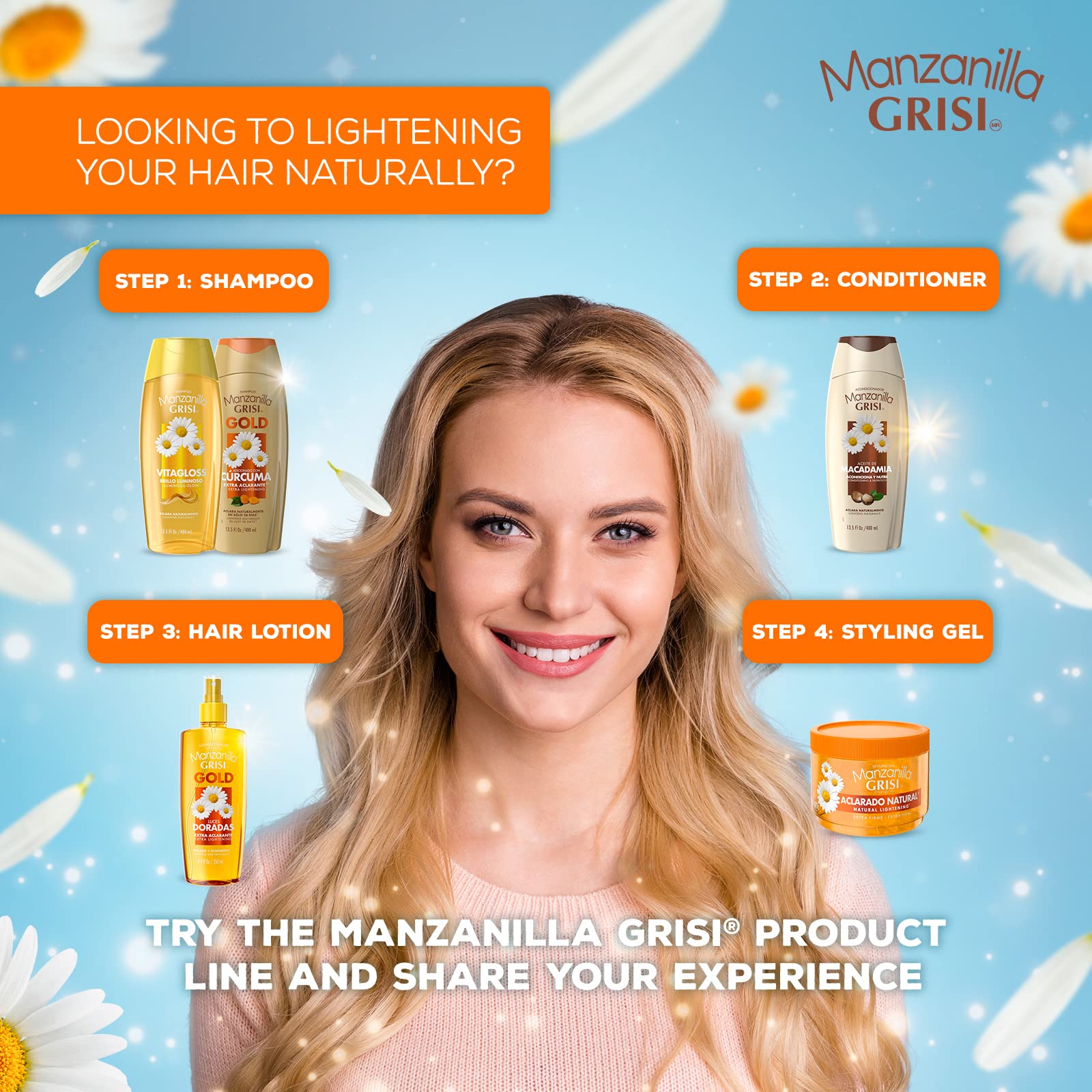 Manzanilla Grisi Gold Extra Lightening Shampoo Cleansing and Extra Lightening with Chamomile Extract and Turmeric Lightens Naturally Soft and Luminous Hair, 2 Pack of 13.5 FL Oz, Bottles, 2 Count