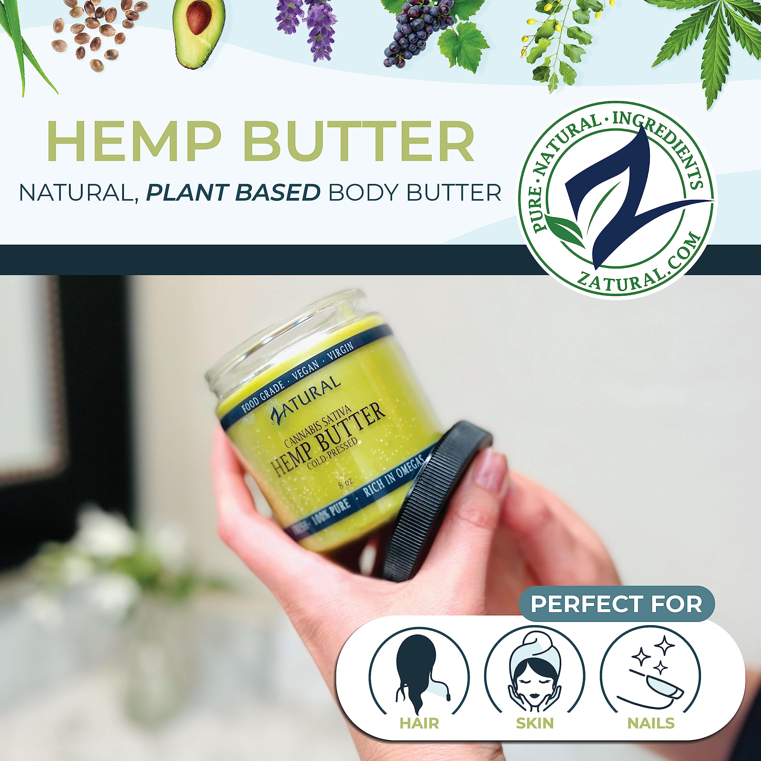 Zatural Hemp Body Butter 17,500mg Hemp per oz Organically Grown Raw Vegan Hemp and Cocoa Creamy Texture. (8oz)