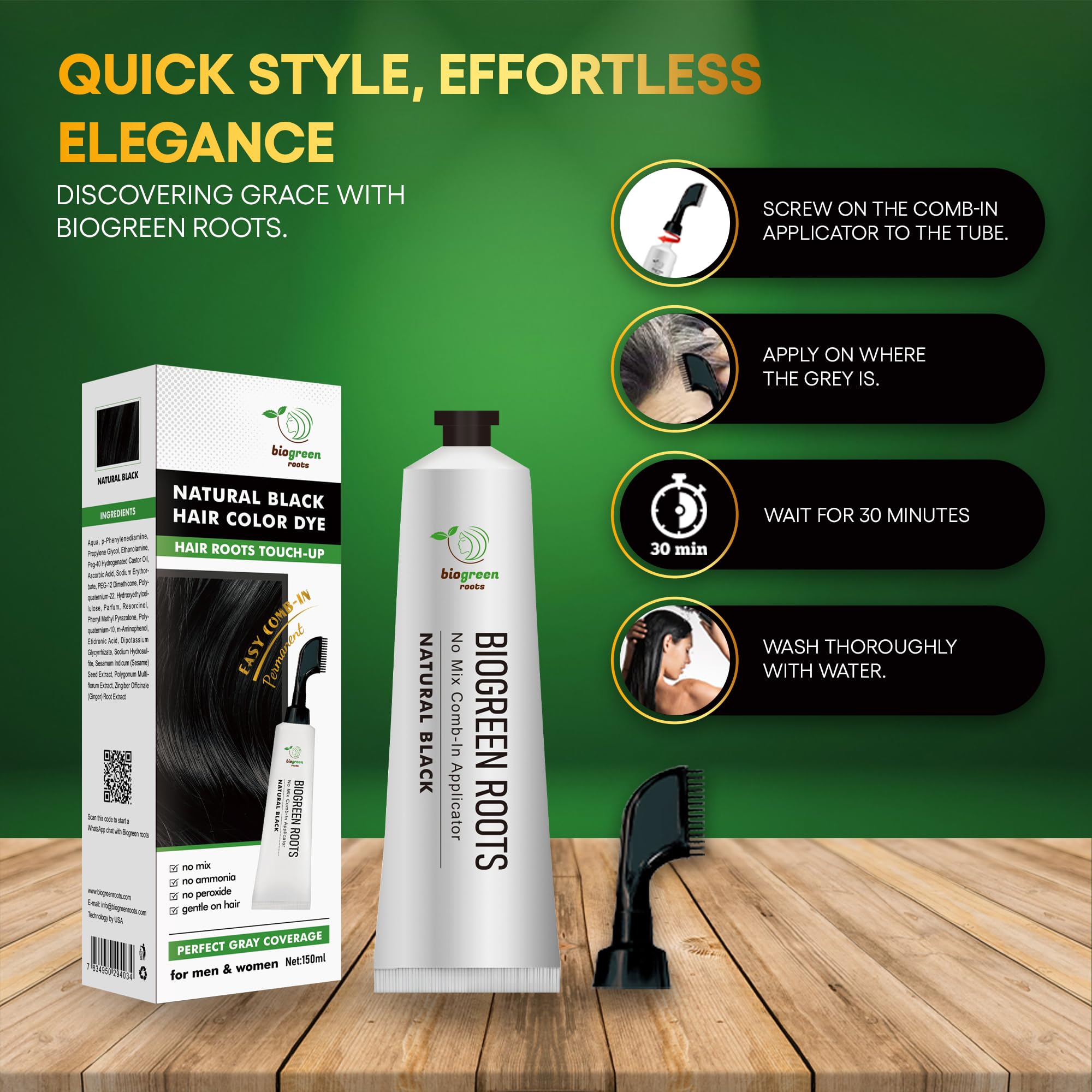 Biogreen Roots Ammonia-Free Herbal Hair Shampoo - Effectively Covers Gray Hair for Men and Women - Natural Color and Herbal Nourishment - No Stain on Skin - Natural Black (150 ml)