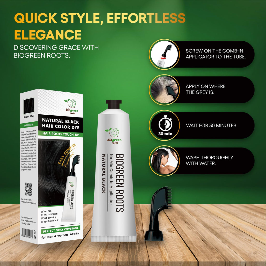 Biogreen Roots Ammonia-Free Herbal Hair Shampoo - Effectively Covers Gray Hair for Men and Women - Natural Color and Herbal Nourishment - No Stain on Skin - Natural Black (150 ml)