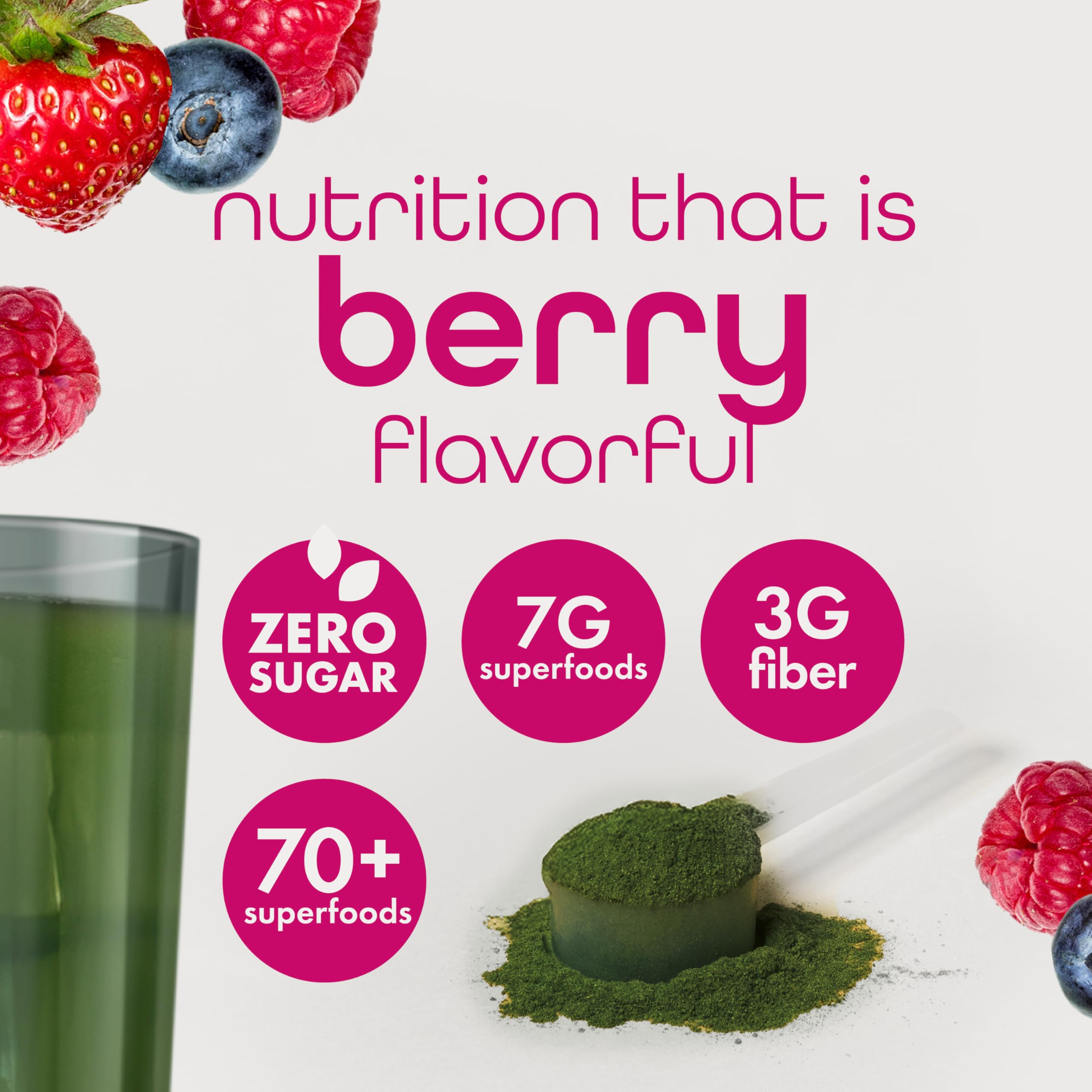 Zena Organic Super Greens Powder, 70+ Superfoods Drink Mix, 0 Sugar, 3G Fiber, Fruits, Veggies, Spirulina, Chlorella, Antioxidants, Pre & Probiotics, Digestive Enzymes, Mixed Berry Flavor, 30 Servings