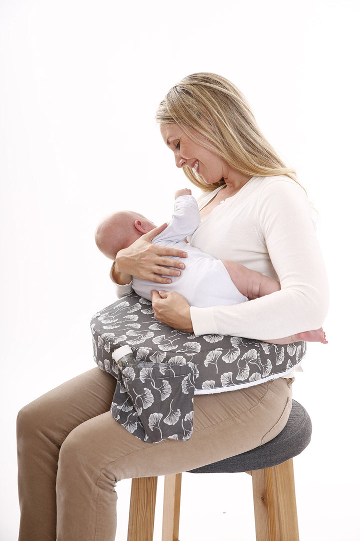 My Brest Friend Original Nursing Pillow Enhanced Ergonomics Essential Breastfeeding Pillow Support For Mom & Baby W/ Convenient Side Pocket, Double Straps & Slipcover, Grey Flowing Fans