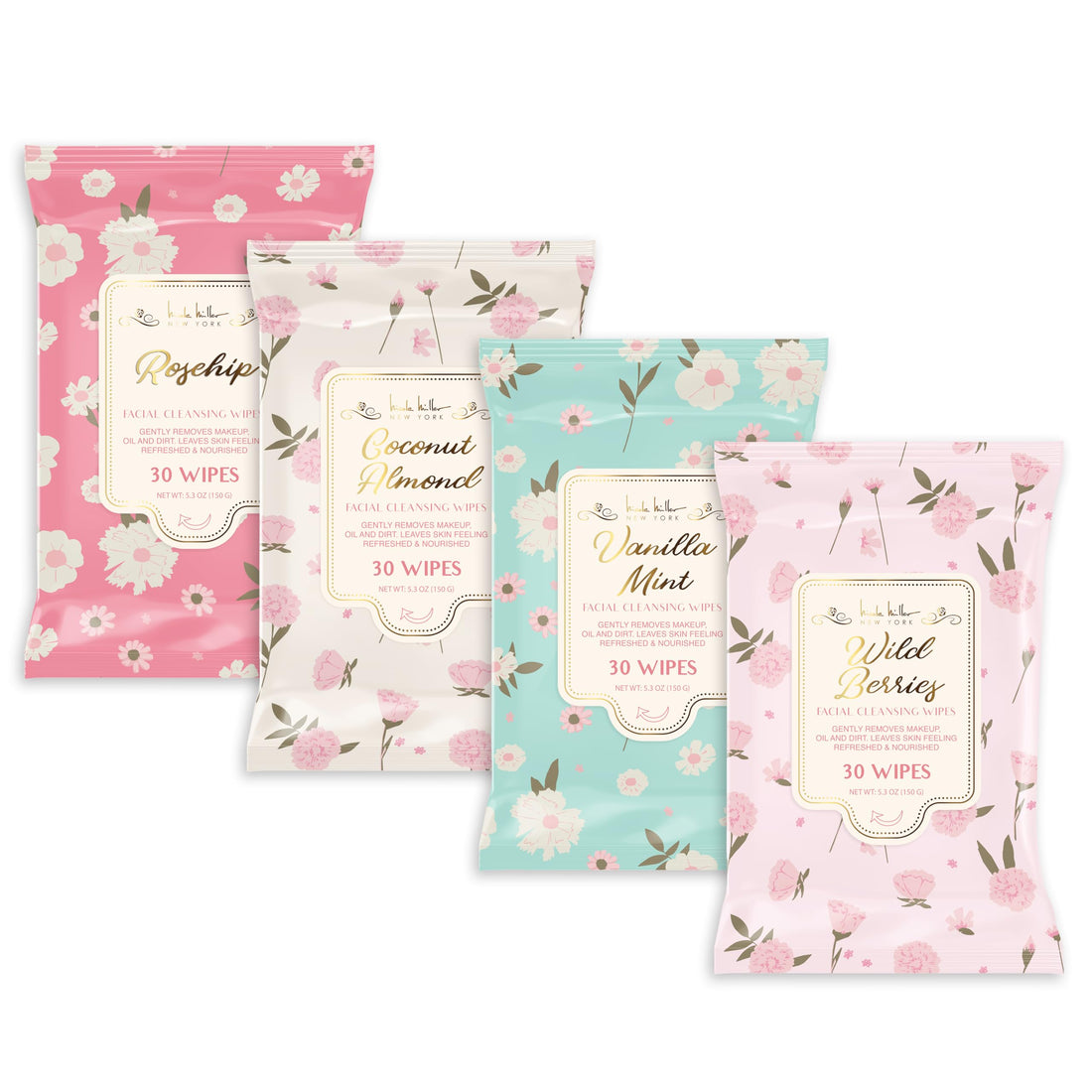 Nicole Miller Pack Facial Cleansing Wipes, Facial Cleansing Cloths, Removes Makeup, Mascara, Dirt and Oil, Rosehip, Coconut, Vanilla Mint, Wild Berries