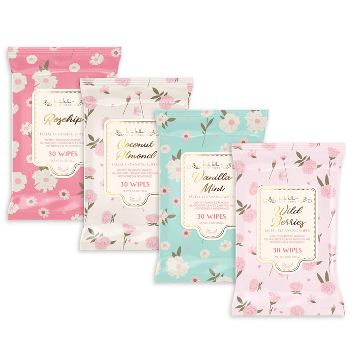 Nicole Miller Pack Facial Cleansing Wipes, Facial Cleansing Cloths, Removes Makeup, Mascara, Dirt and Oil, Rosehip, Coconut, Vanilla Mint, Wild Berries