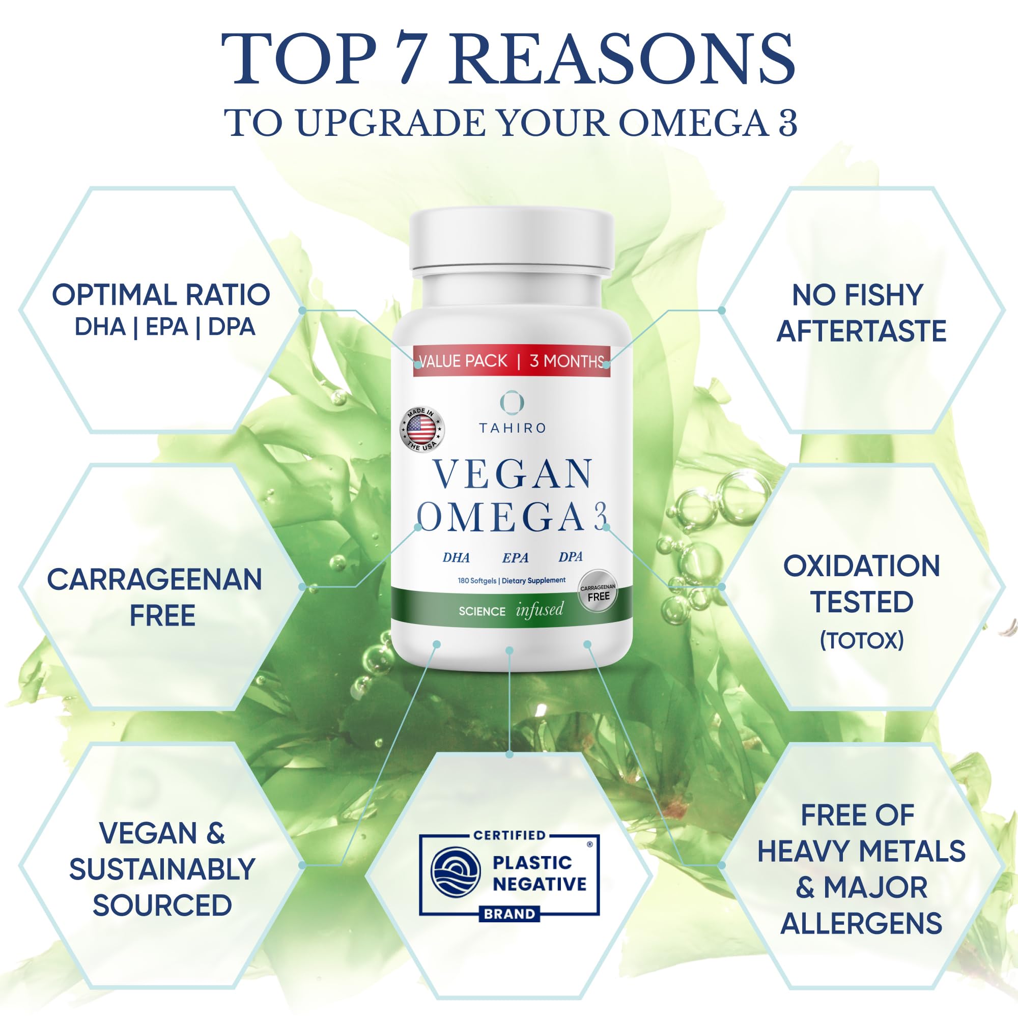 TAHIRO Vegan Omega-3 Softgels - Plant-Based Supplement with DPA, DHA & EPA - Nutrients for Men, Women and Pregnant Women - Supports Brain Health - Prenatal & Joint Supplements, 1000mg